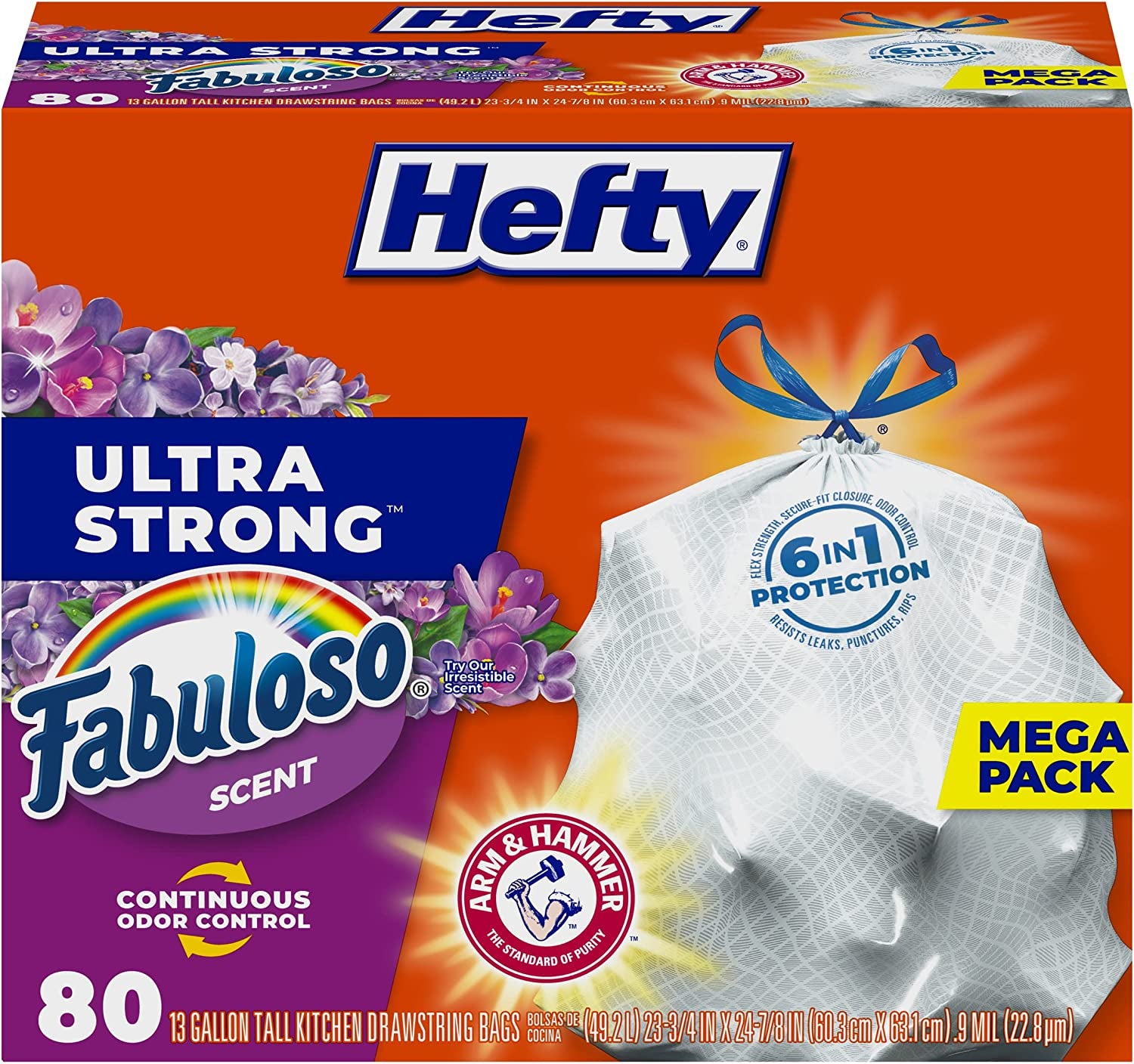 Ultra Strong 13 Gallon Trash Bags, Tall Kitchen Trash Bags 13 Gallon Size, Break Resistant Drawstring Closure, Continuous Odor Control, White, Fabuloso Scent, 80 Bags