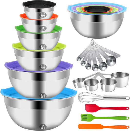 Mixing Bowls with Lid Set, 23PCS Kitchen Utensils Metal Bowl Stainless Steel Nesting Bowls, Measuring Cups and Spoons, Egg Whisk for Baking Prepping Cooking Serving Supplies