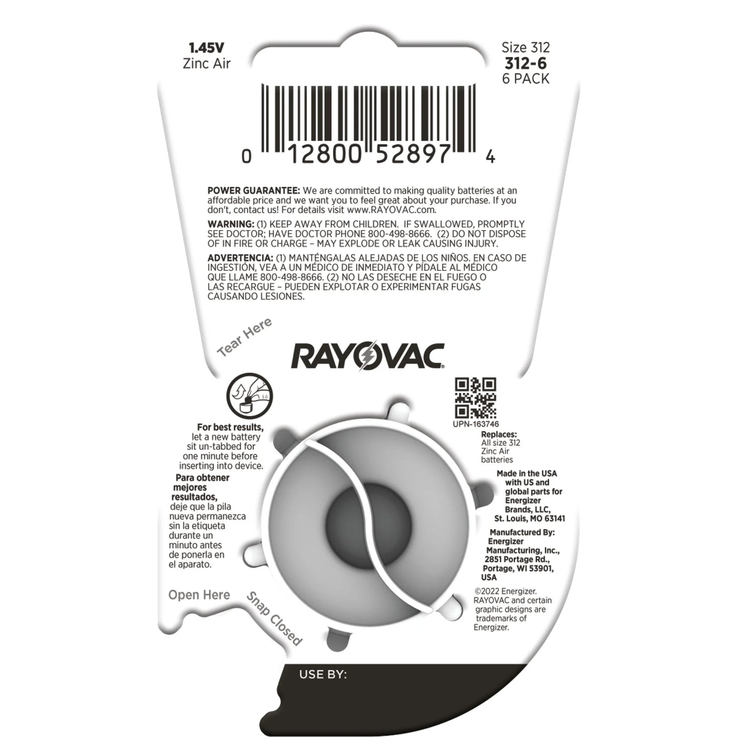 Size 312 Hearing Aid Batteries (6 Pack), Size 312 Batteries