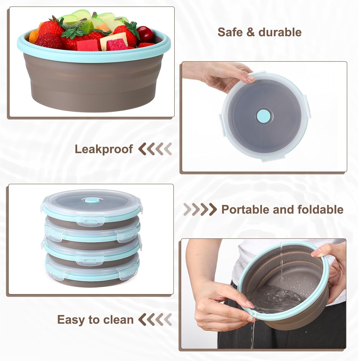 12 Pcs Collapsible Food Storage Containers with Lids 27Oz Silicone round Collapsible Bowls Collapsible Kitchen Items for Camping Hiking Microwave Dishwasher Freezer (Gray with Blue Edge)