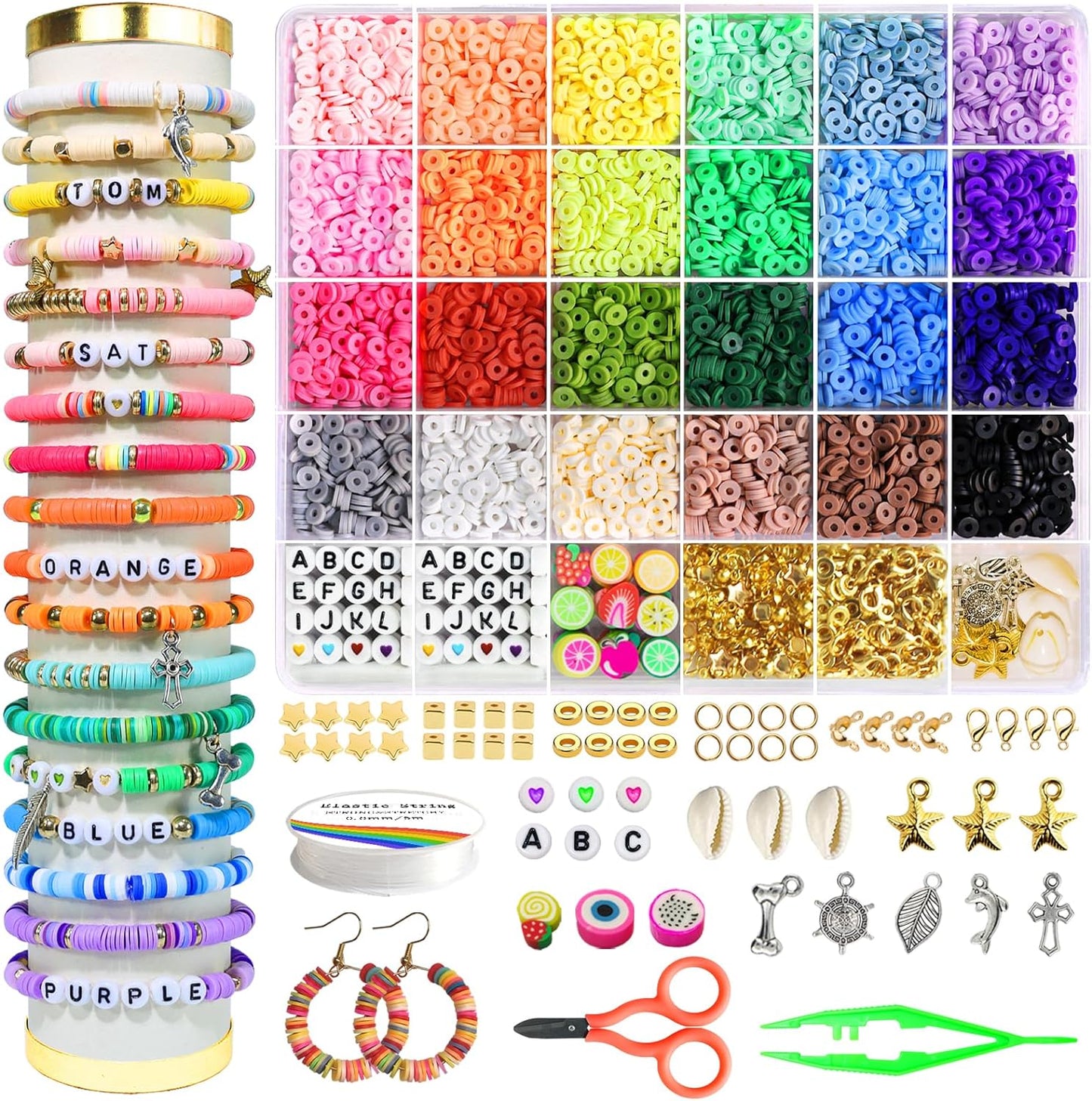 Clay Beads Bracelet Making Kit for Beginner, Friendship Preppy Flat Polymer Heishi Beads Jewelry Kits with Charms, DIY Arts and Crafts Birthday Gifts Toys for Kids Age 6-13