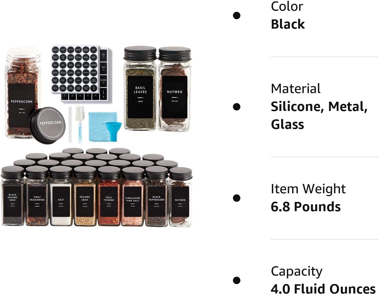 25 Pcs Spice Jars with Label- Glass Spice Jars with Black Metal Caps,Shaker Lids, Funnel, Chalk Pen, Brush,Cleaning Cloth 4Oz Seasoning Containers Bottles for Spice Rack, Cabinet, Drawer