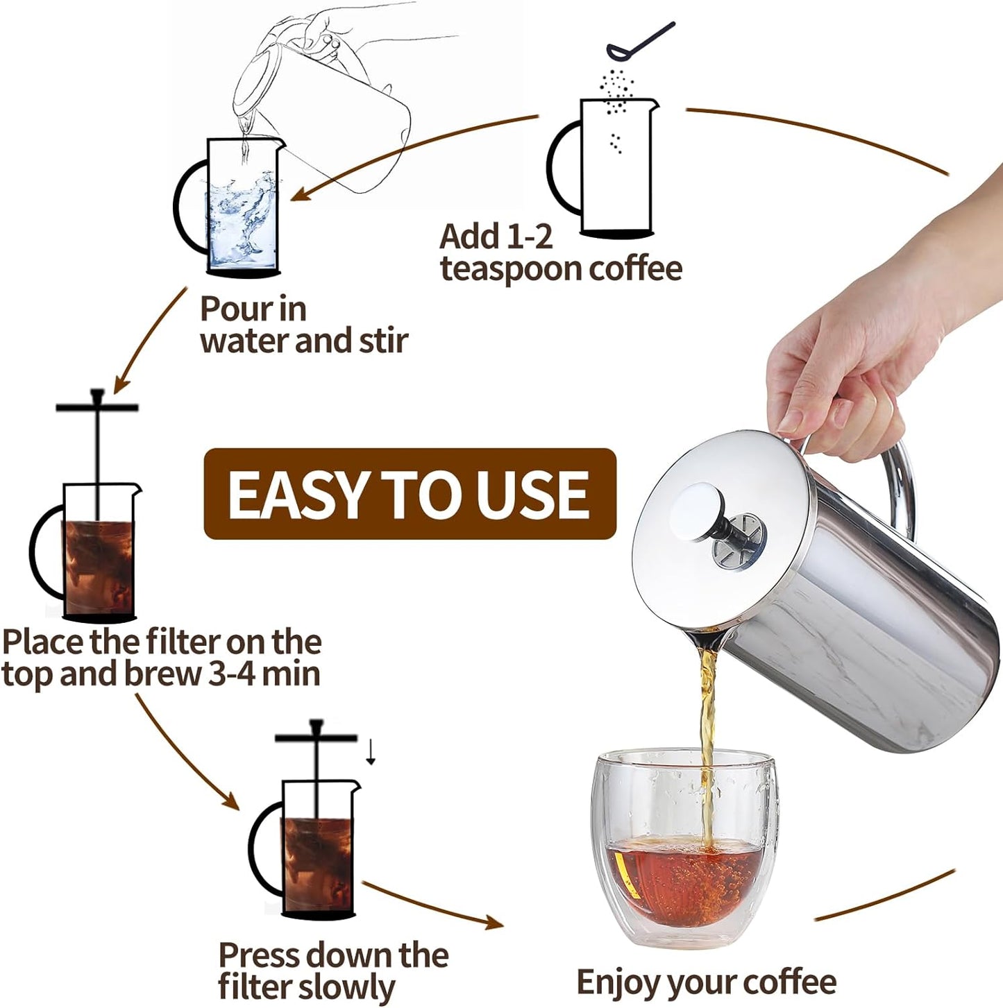 FJISEFEJ French Press Coffee Maker Heat Resistant Durable Borosilicate Sliver Glass 12Oz