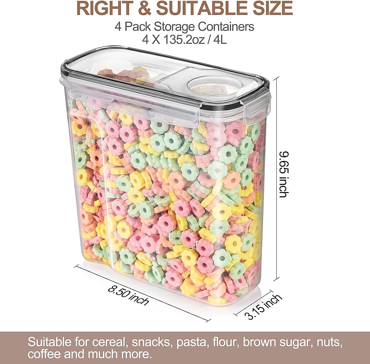 4 Pk Cereal Containers Storage Set 135.2Oz/4L Each, Airtight Food Storage Containers, Large Cereal Dispenser, Kitchen Pantry Organization Containers, with Labels and Measuring Spoons