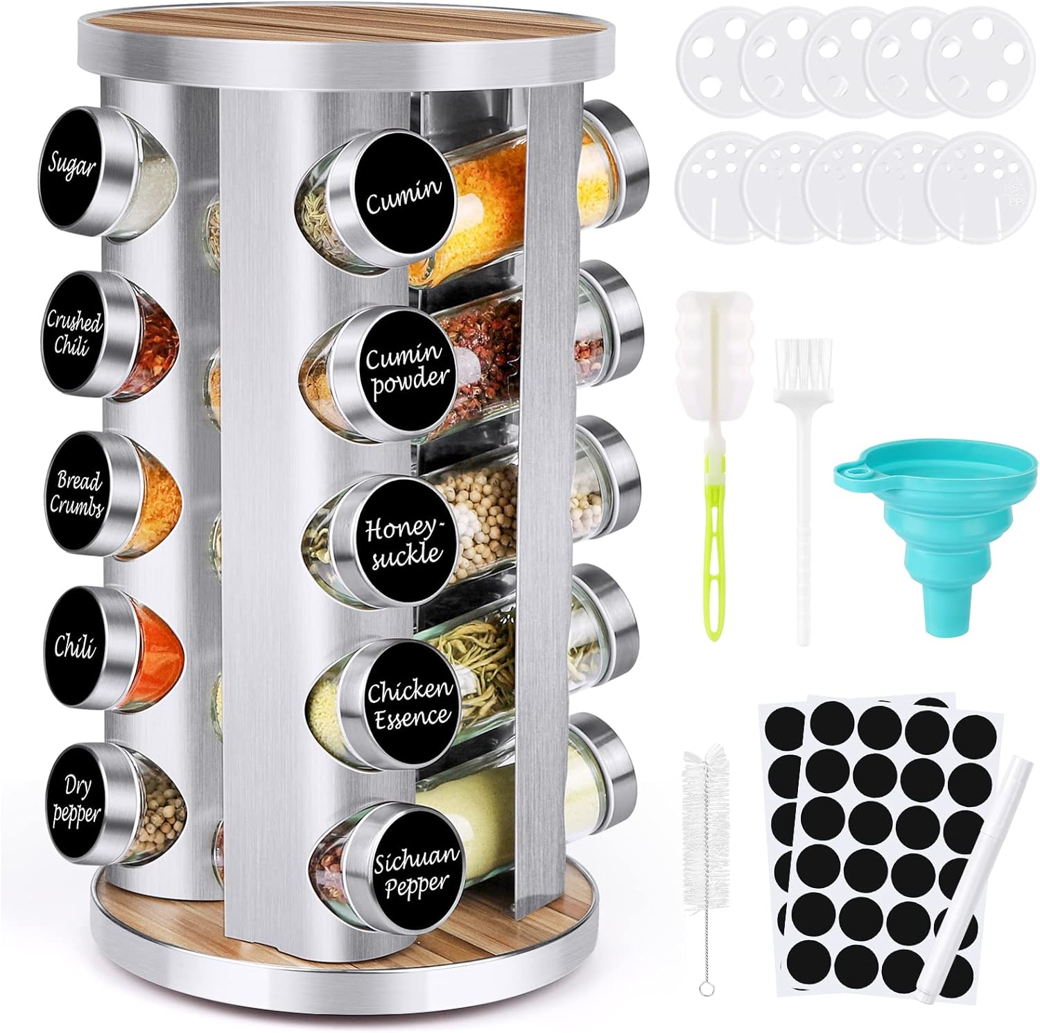 Spice Rack Organizer with Jars for Cabinet (20Pcs) Revolving/Rotating Seasoning Organizer, Stainless Steel/Wooden Countertop Rack Tower Organizer for Kitchen Pantry with Reusable Labels/Funnel/Brushes