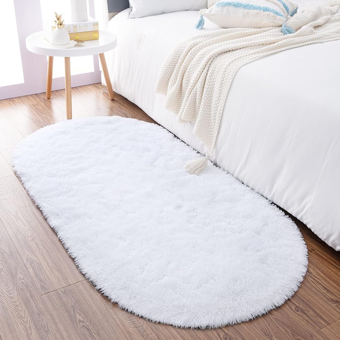 Ultra Soft Fluffy Bedroom Rugs,Shaggy Grey Area Rugs for Bedroom,Oval Throw Rugs, Kids Room Small Carpet,Living Room Runner Rug Non Slip Modern Home Decor 2.6' X 5.3'