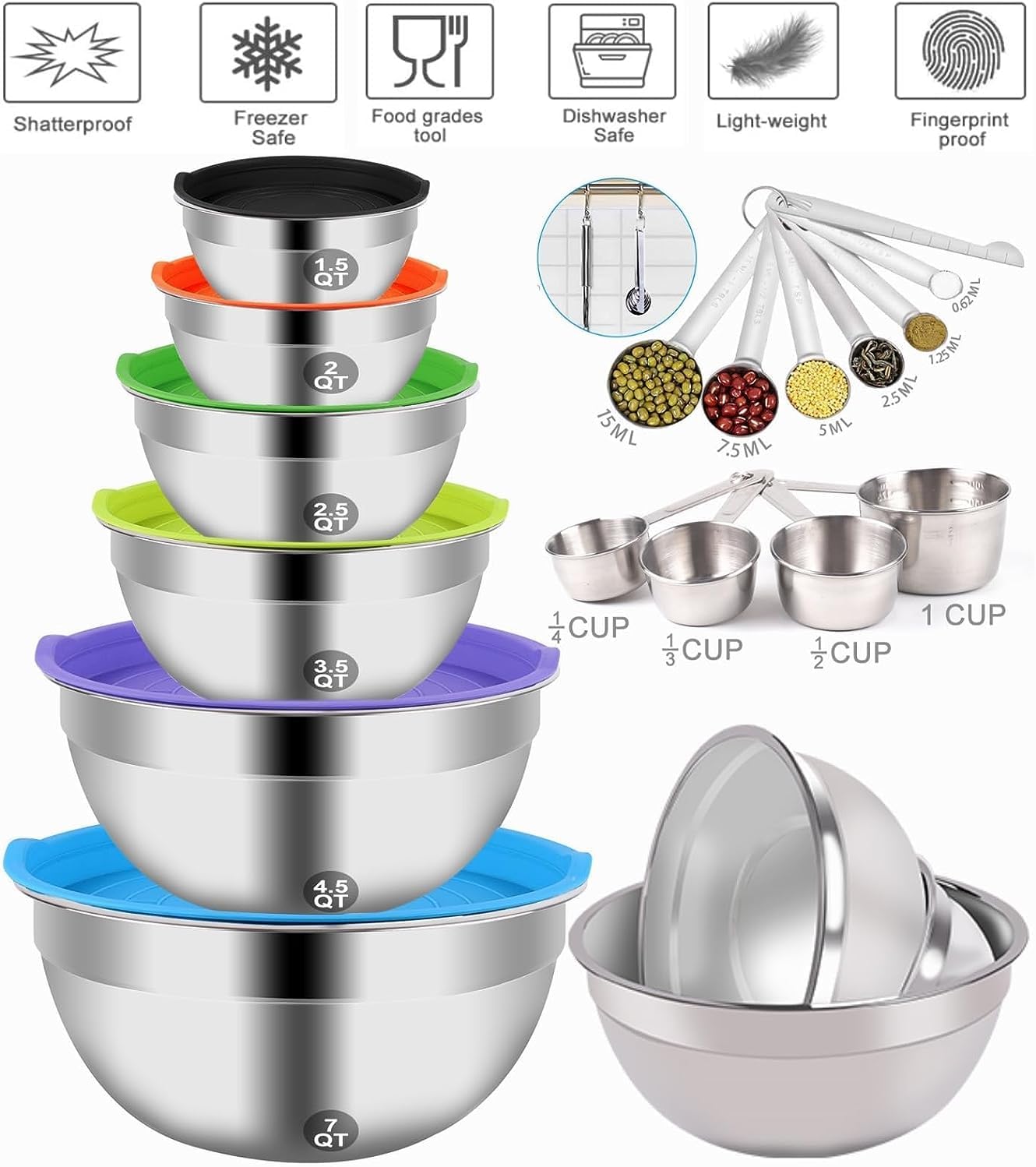 Mixing Bowls with Lid Set, 23PCS Kitchen Utensils Metal Bowl Stainless Steel Nesting Bowls, Measuring Cups and Spoons, Egg Whisk for Baking Prepping Cooking Serving Supplies