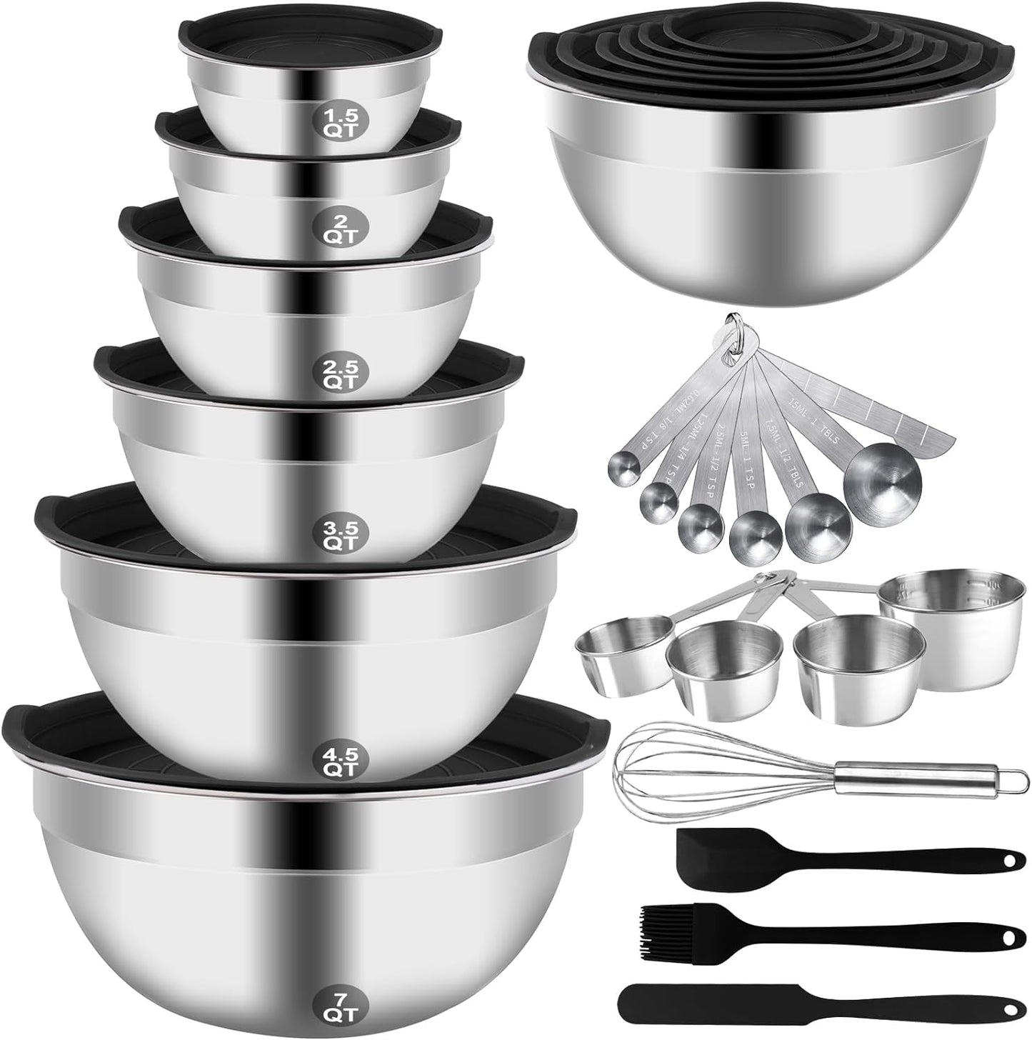 Mixing Bowls with Lid Set, 23PCS Kitchen Utensils Metal Bowl Stainless Steel Nesting Bowls, Measuring Cups and Spoons, Egg Whisk for Baking Prepping Cooking Serving Supplies