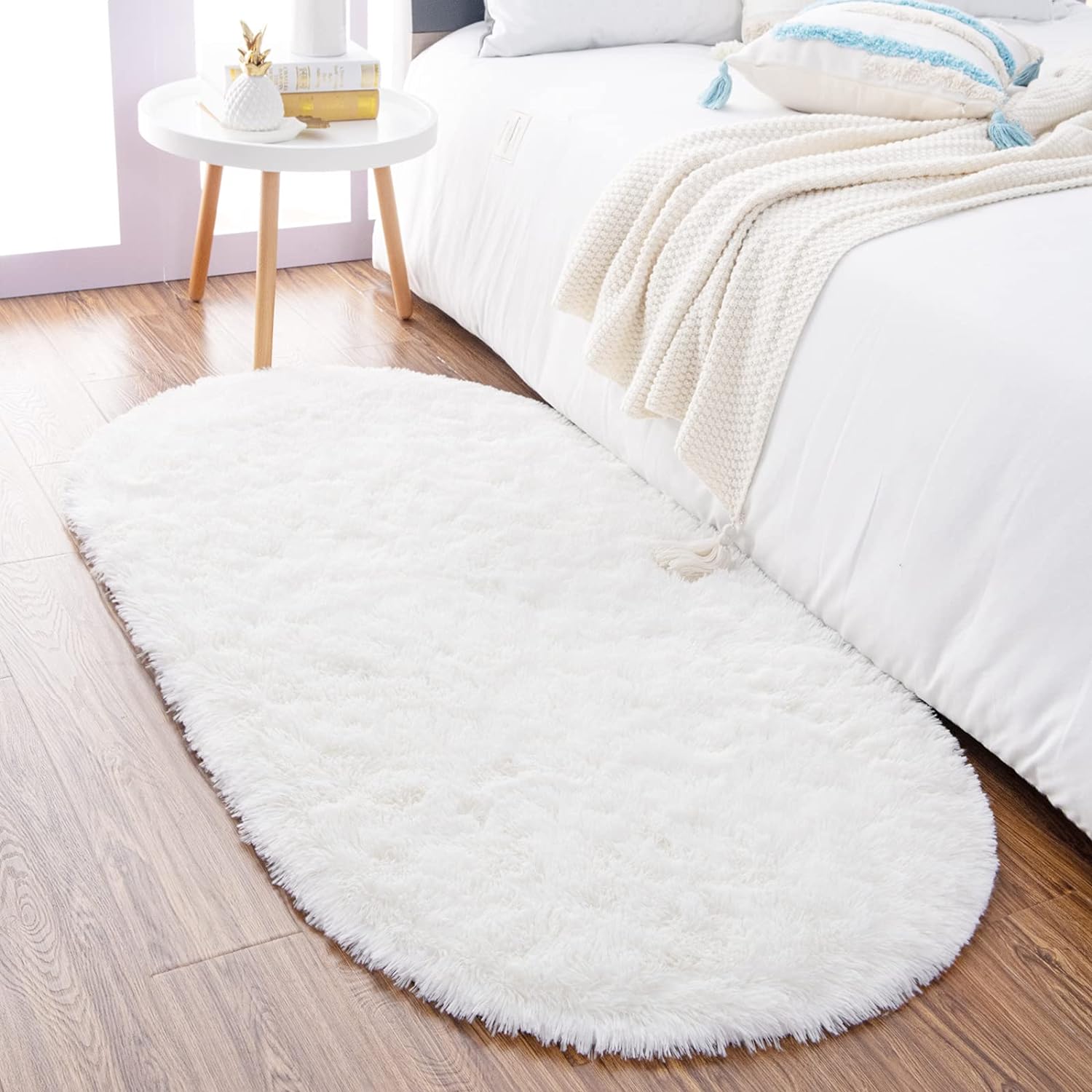 Ultra Soft Fluffy Bedroom Rugs,Shaggy Grey Area Rugs for Bedroom,Oval Throw Rugs, Kids Room Small Carpet,Living Room Runner Rug Non Slip Modern Home Decor 2.6' X 5.3'