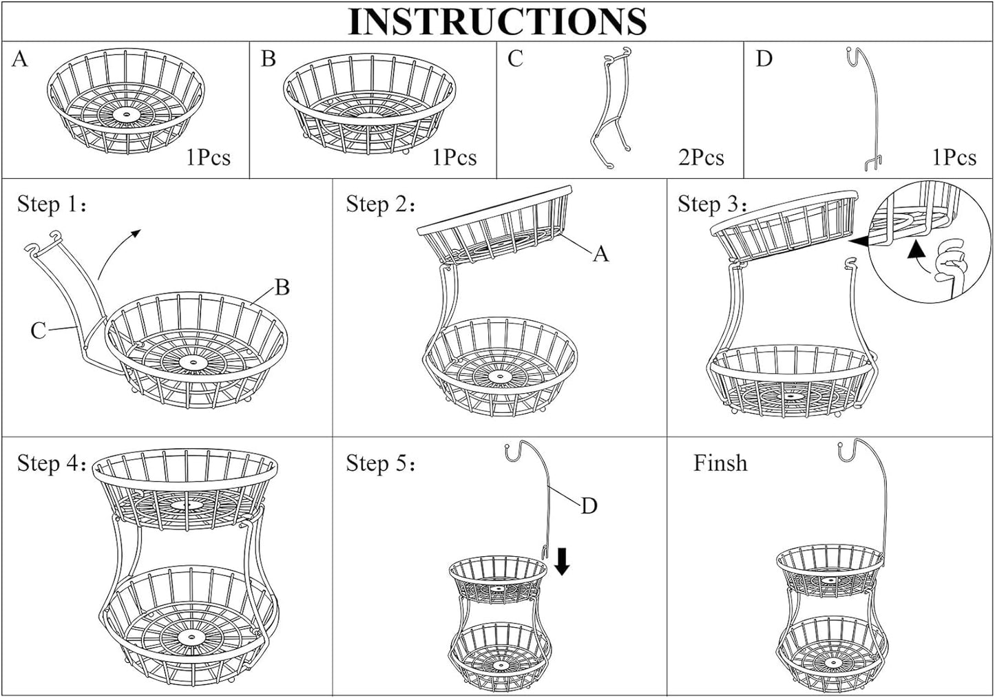 2-Tier Fruit Basket Bowl Stackable Vegetable Storage with Banana Tree Hanger Stand for Kitchen Countertop, Metal Wire Basket for Bread Onions Potatoes Black