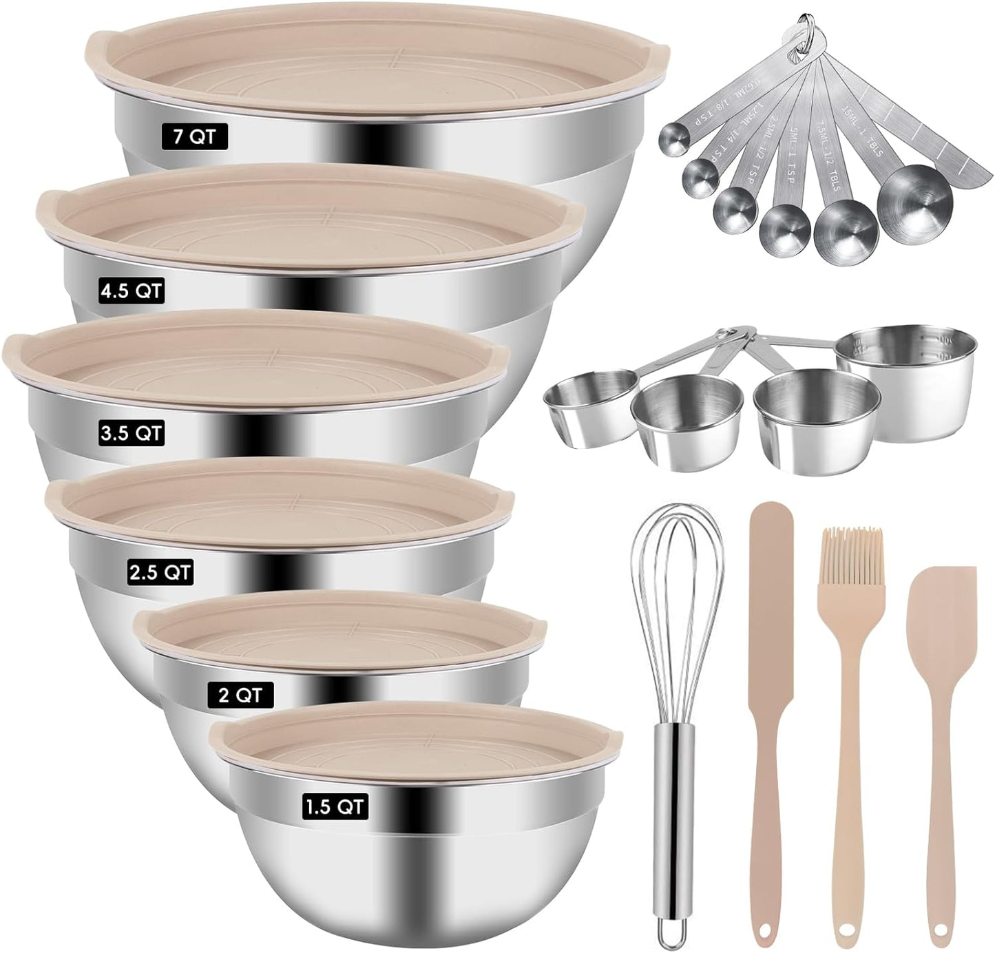 Mixing Bowls with Lid Set, 23PCS Kitchen Utensils Metal Bowl Stainless Steel Nesting Bowls, Measuring Cups and Spoons, Egg Whisk for Baking Prepping Cooking Serving Supplies