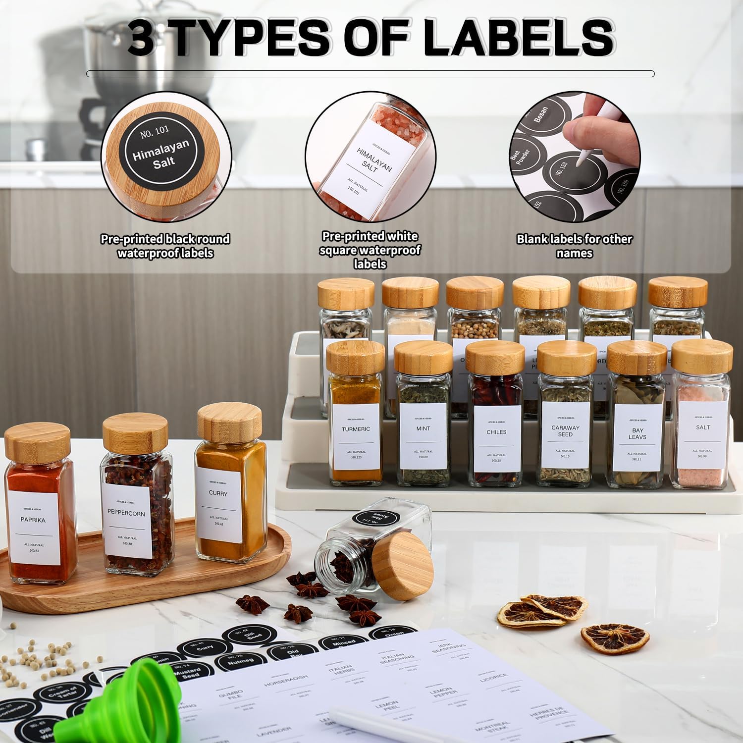 Spice Jars,Spice Jars with Label 24Pcs,Seasoning Containers,Glass Spice Jars with Bamboo Lids,Spices Container Set,Seasoning Organizer