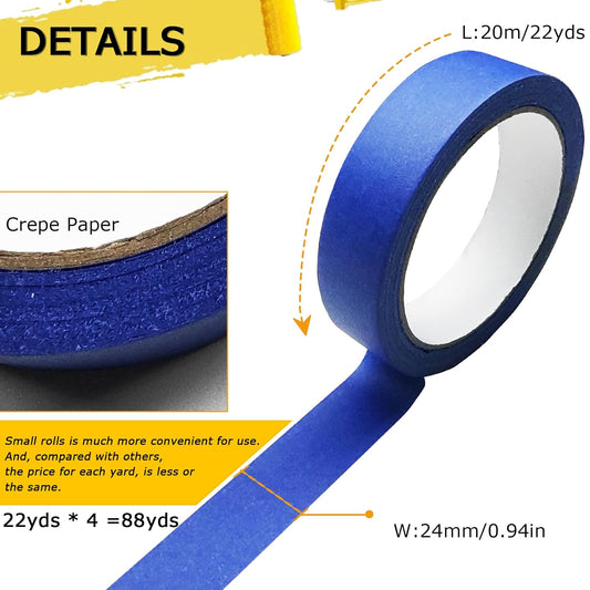 4 Rolls Premium Painters Tape, Blue Tape, Masking Master Tape, Paint Tape for Multi-Purpose, Painting, Painter'S, DIY Crafts Arts (88Yd =0.94In*22Yd*4) Decoration Labeling No Residue, Easy Removal