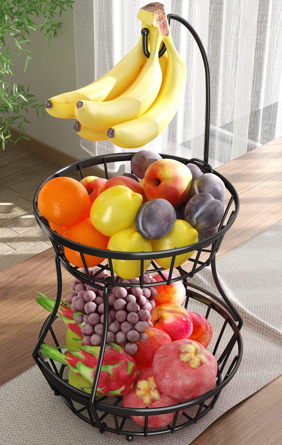 2-Tier Fruit Basket Bowl Stackable Vegetable Storage with Banana Tree Hanger Stand for Kitchen Countertop, Metal Wire Basket for Bread Onions Potatoes Black