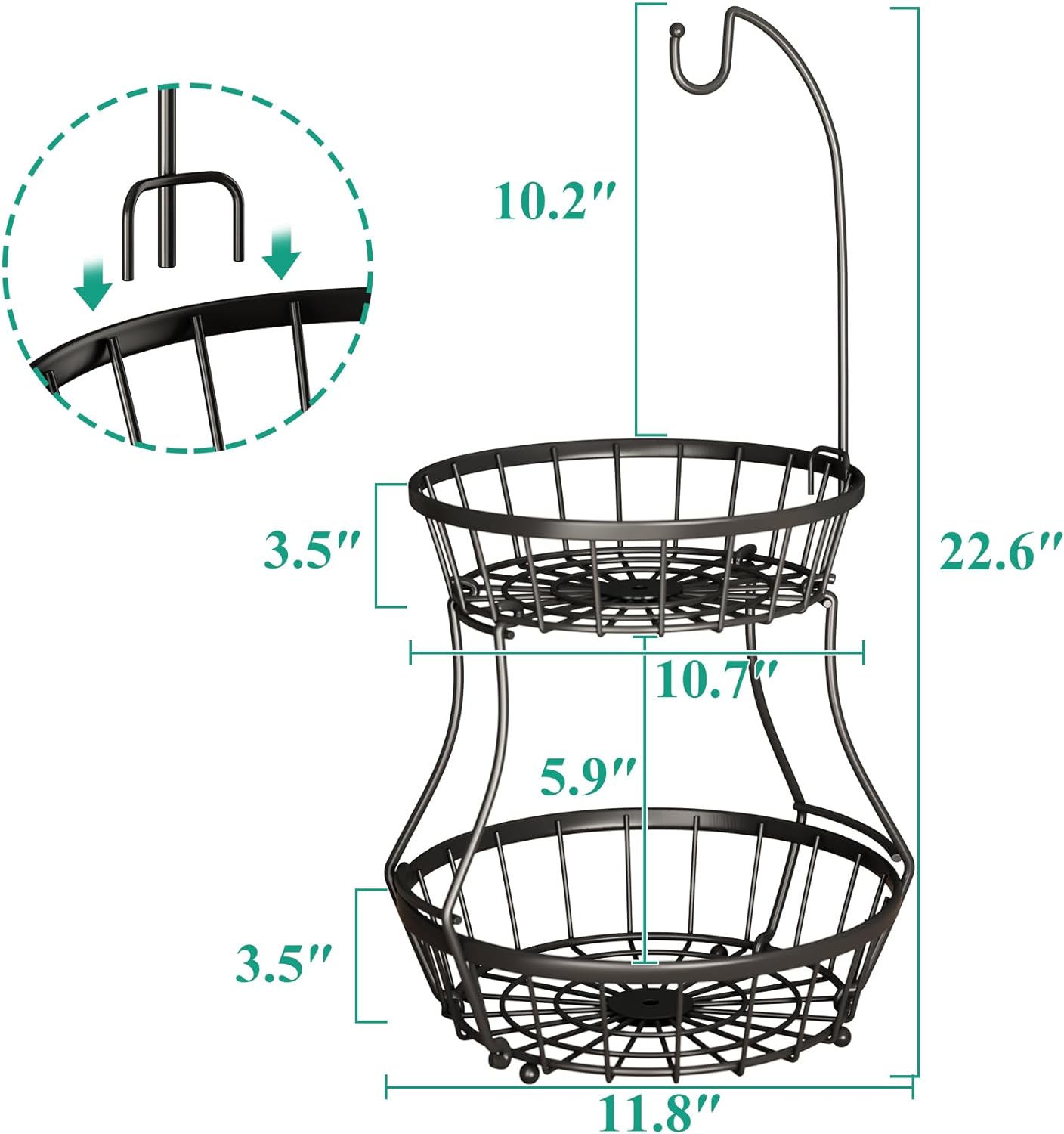 2-Tier Fruit Basket Bowl Stackable Vegetable Storage with Banana Tree Hanger Stand for Kitchen Countertop, Metal Wire Basket for Bread Onions Potatoes Black