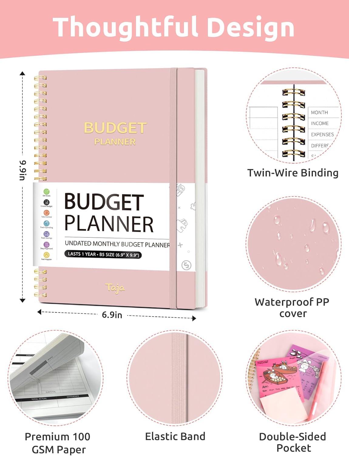 Budget Planner - Monthly Budget Book with Expense Tracker Notebook, Undated Bill Organizer & Finance Planner to Take Control of Your Money, 2024-2025 Account Book to Manage Your Finances-Pink