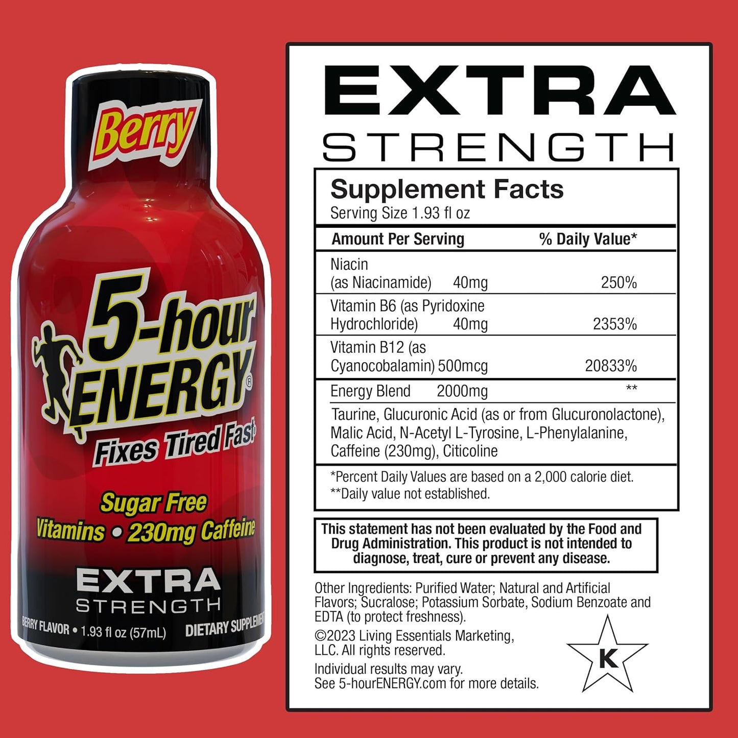 Extra Strength Energy Shot | Berry Flavor | 1.93 Oz. | 24 Count | Sugar-Free & Zero Calories | B-Vitamins & Amino Acids | 230Mg Caffeinated Energy Shot | Dietary Supplement