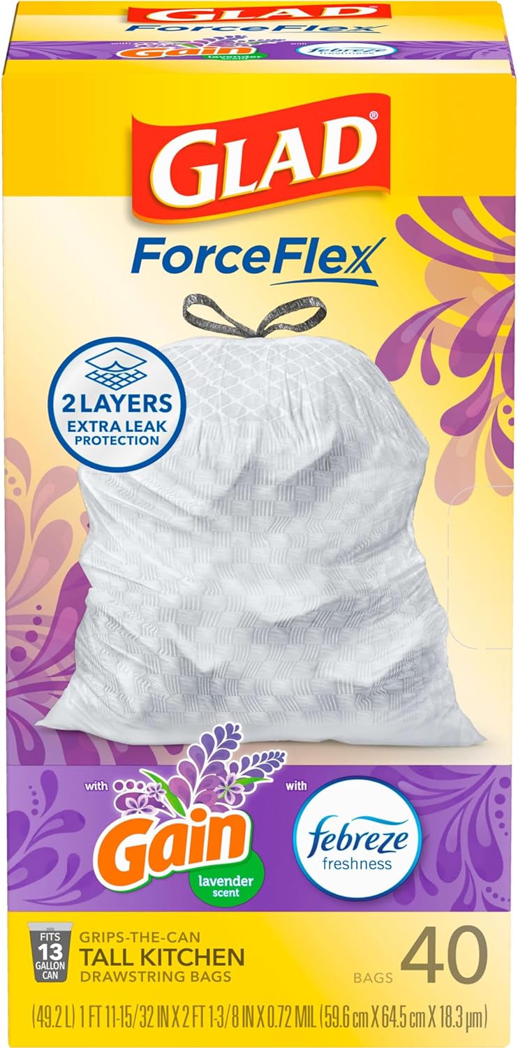 Trash Bags, Forceflex Tall Kitchen Drawstring Garbage Bags 13 Gallon White Trash Bag, Mediterranean Lavender Scent with Febreze Freshness 80 Count (Package May Vary)