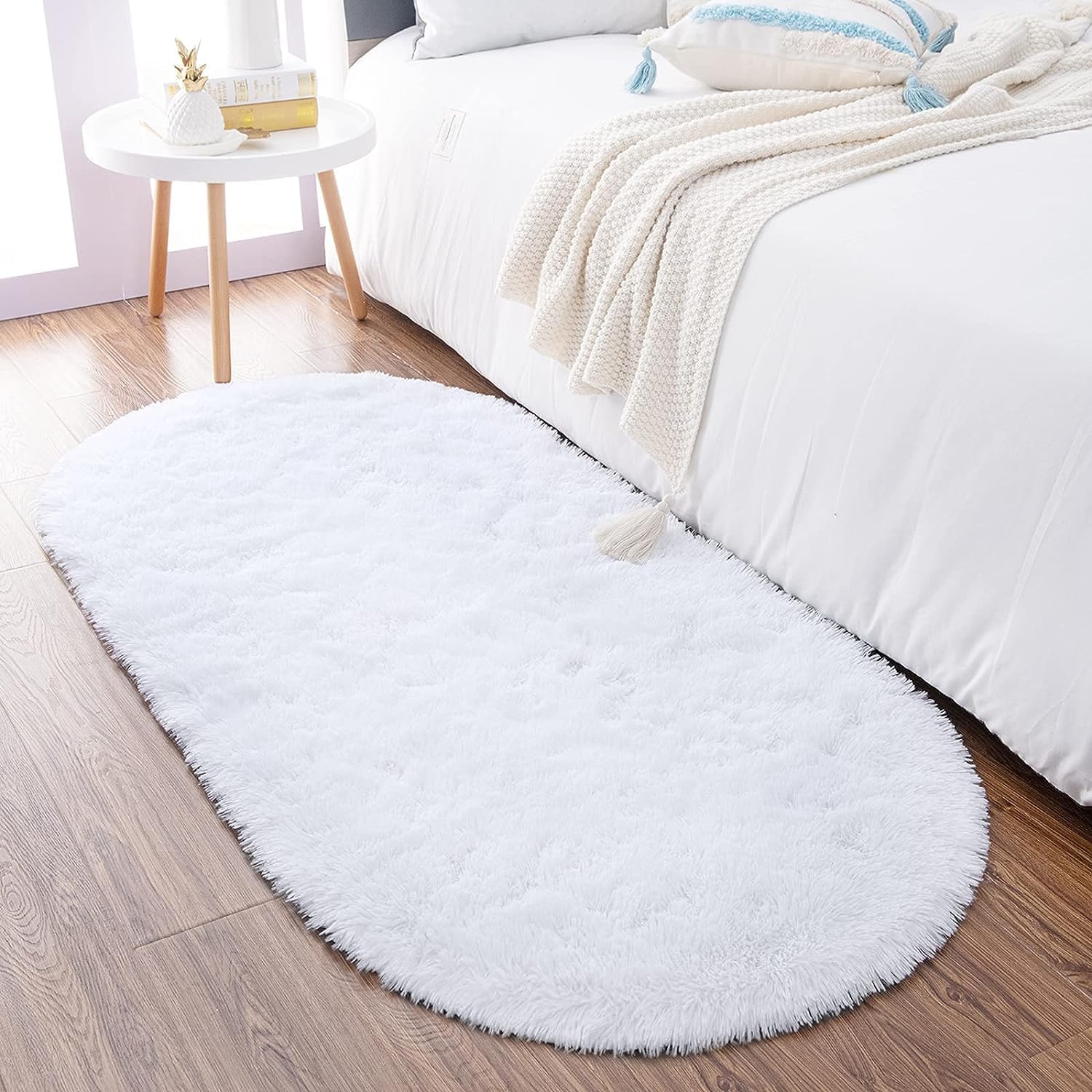 Ultra Soft Fluffy Bedroom Rugs,Shaggy Grey Area Rugs for Bedroom,Oval Throw Rugs, Kids Room Small Carpet,Living Room Runner Rug Non Slip Modern Home Decor 2.6' X 5.3'