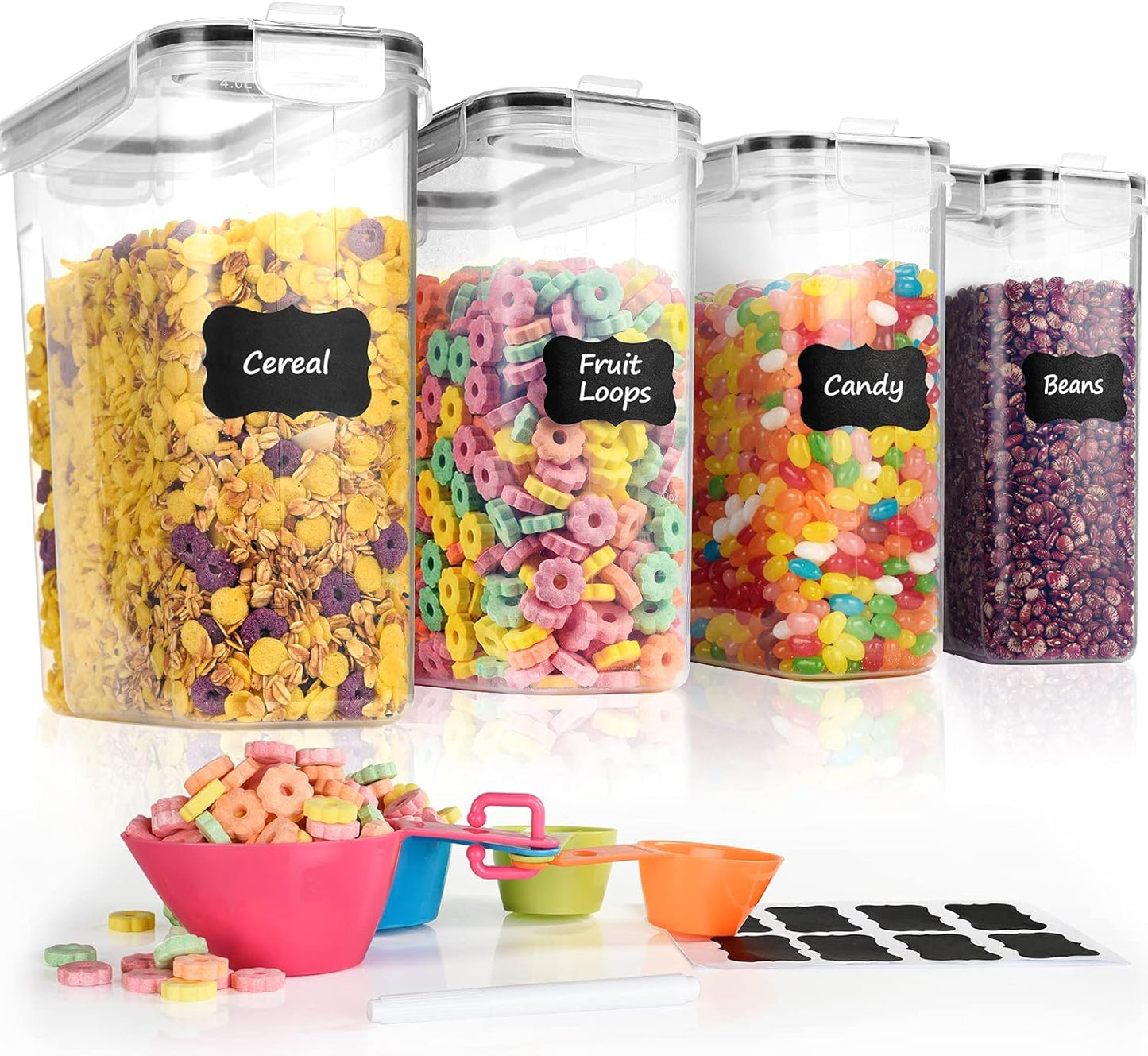 4 Pk Cereal Containers Storage Set 135.2Oz/4L Each, Airtight Food Storage Containers, Large Cereal Dispenser, Kitchen Pantry Organization Containers, with Labels and Measuring Spoons