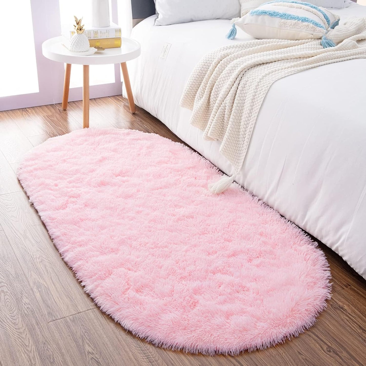 Ultra Soft Fluffy Bedroom Rugs,Shaggy Grey Area Rugs for Bedroom,Oval Throw Rugs, Kids Room Small Carpet,Living Room Runner Rug Non Slip Modern Home Decor 2.6' X 5.3'