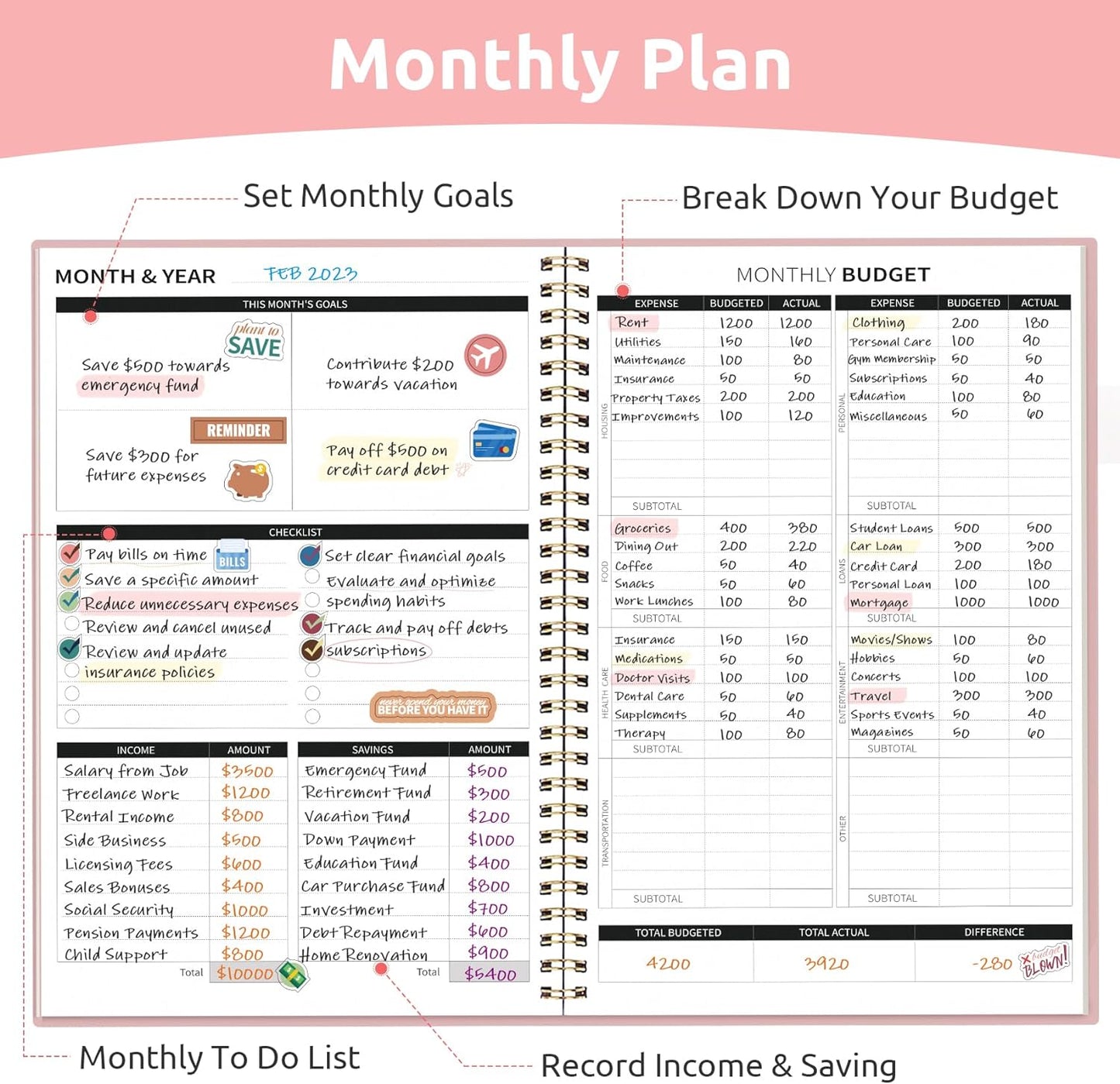 Budget Planner - Monthly Budget Book with Expense Tracker Notebook, Undated Bill Organizer & Finance Planner to Take Control of Your Money, 2024-2025 Account Book to Manage Your Finances-Pink