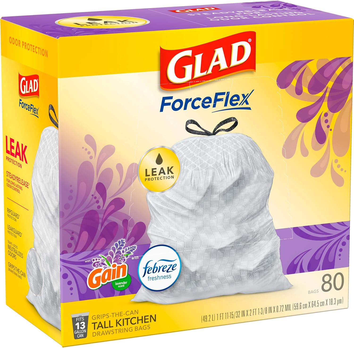 Trash Bags, Forceflex Tall Kitchen Drawstring Garbage Bags 13 Gallon White Trash Bag, Mediterranean Lavender Scent with Febreze Freshness 80 Count (Package May Vary)