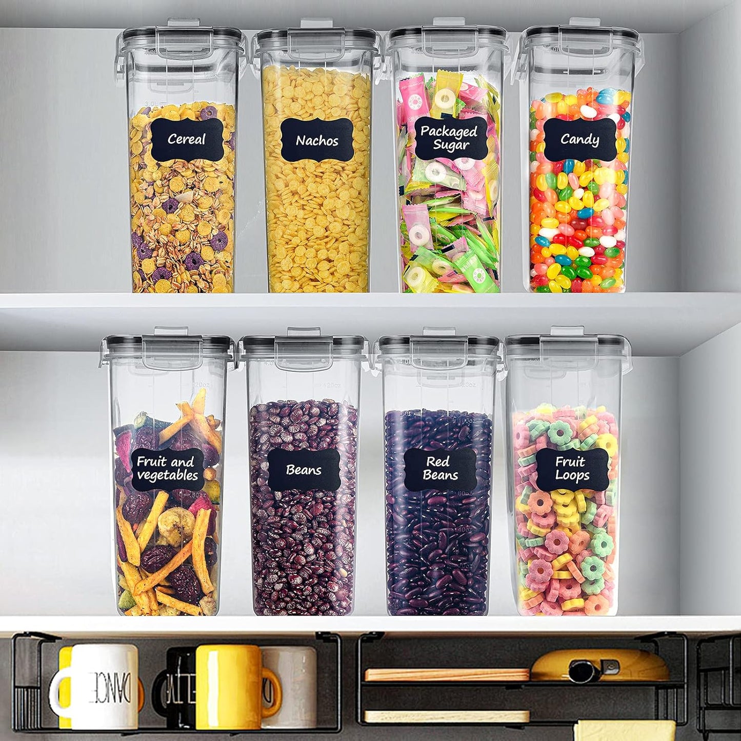 4 Pk Cereal Containers Storage Set 135.2Oz/4L Each, Airtight Food Storage Containers, Large Cereal Dispenser, Kitchen Pantry Organization Containers, with Labels and Measuring Spoons