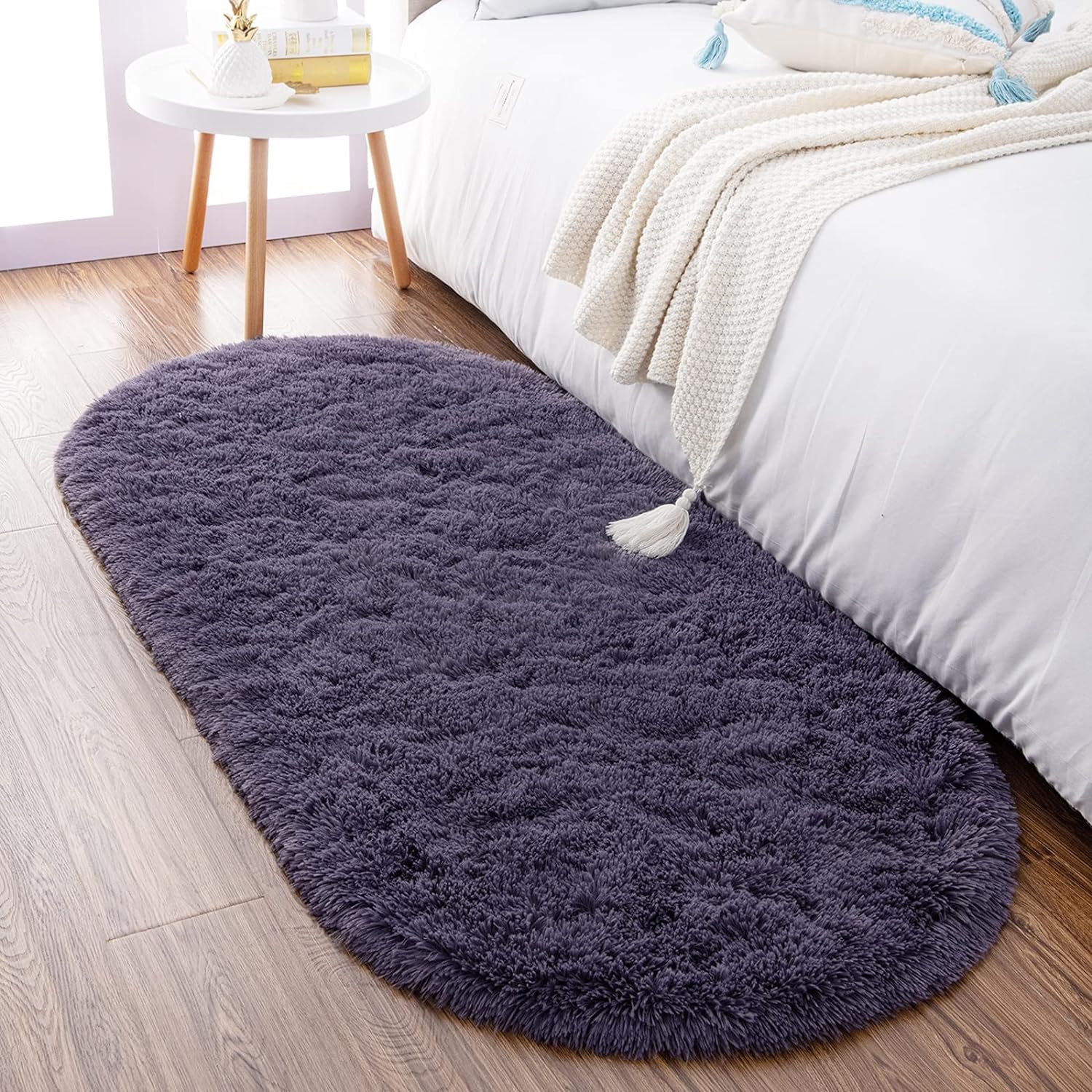 Ultra Soft Fluffy Bedroom Rugs,Shaggy Grey Area Rugs for Bedroom,Oval Throw Rugs, Kids Room Small Carpet,Living Room Runner Rug Non Slip Modern Home Decor 2.6' X 5.3'