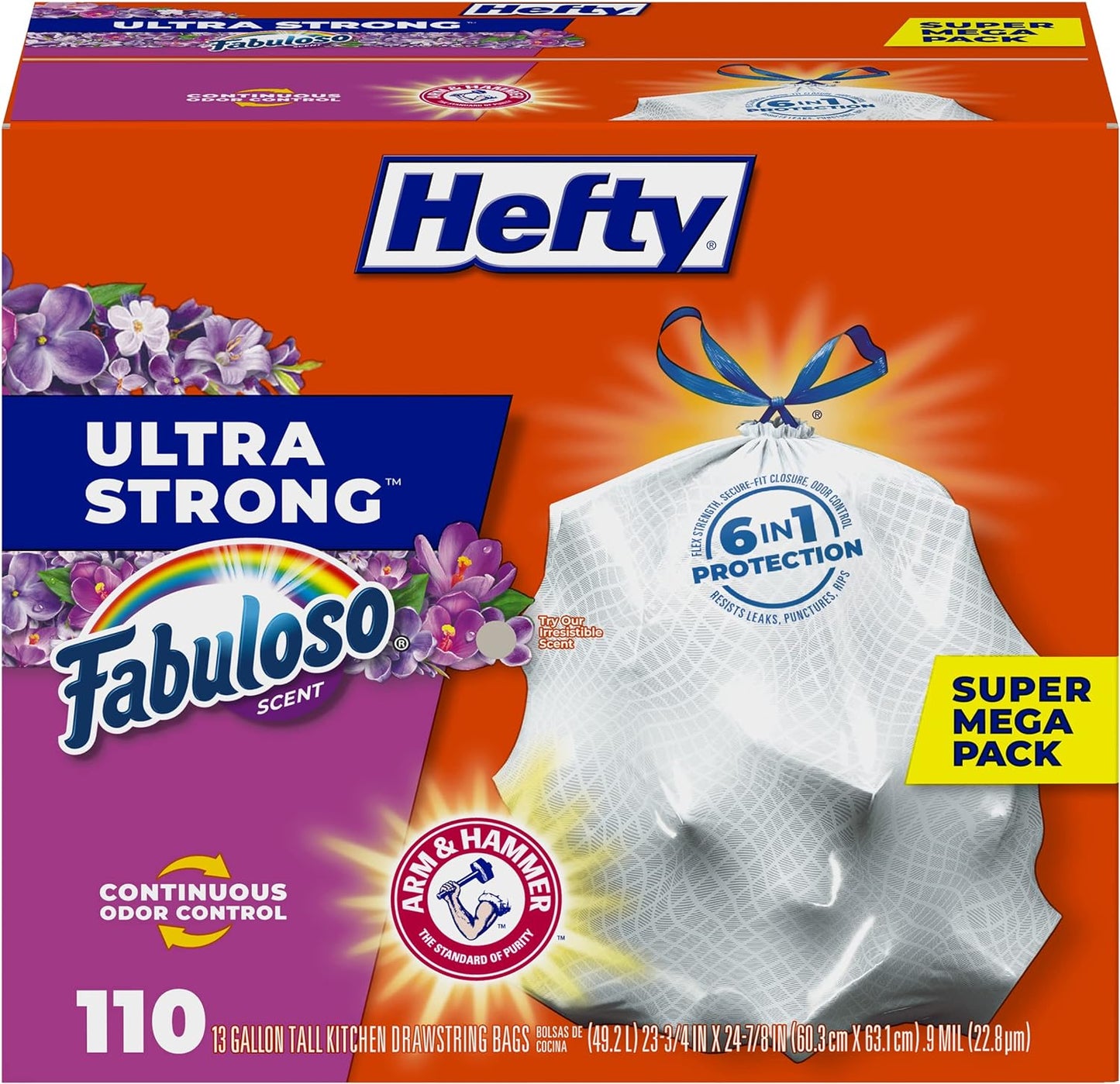 Ultra Strong 13 Gallon Trash Bags, Tall Kitchen Trash Bags 13 Gallon Size, Break Resistant Drawstring Closure, Continuous Odor Control, White, Fabuloso Scent, 80 Bags