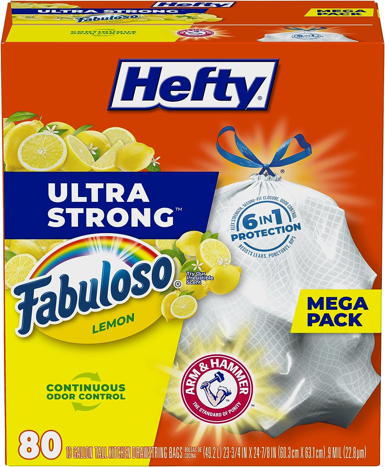 Ultra Strong 13 Gallon Trash Bags, Tall Kitchen Trash Bags 13 Gallon Size, Break Resistant Drawstring Closure, Continuous Odor Control, White, Fabuloso Scent, 80 Bags