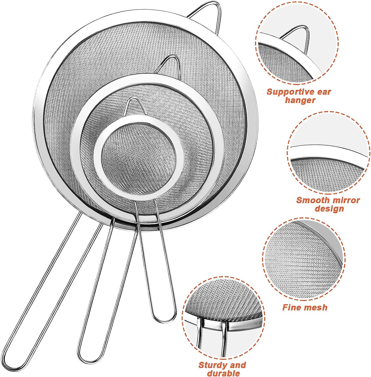 3 Pcs Super Wire Extra Fine Mesh Strainer with Handle, Small Medium Large Size Sifter Metal, Stainless Steel Sieve Strainers for Kitchen Rice Juice Quinoa Food Flour Baking