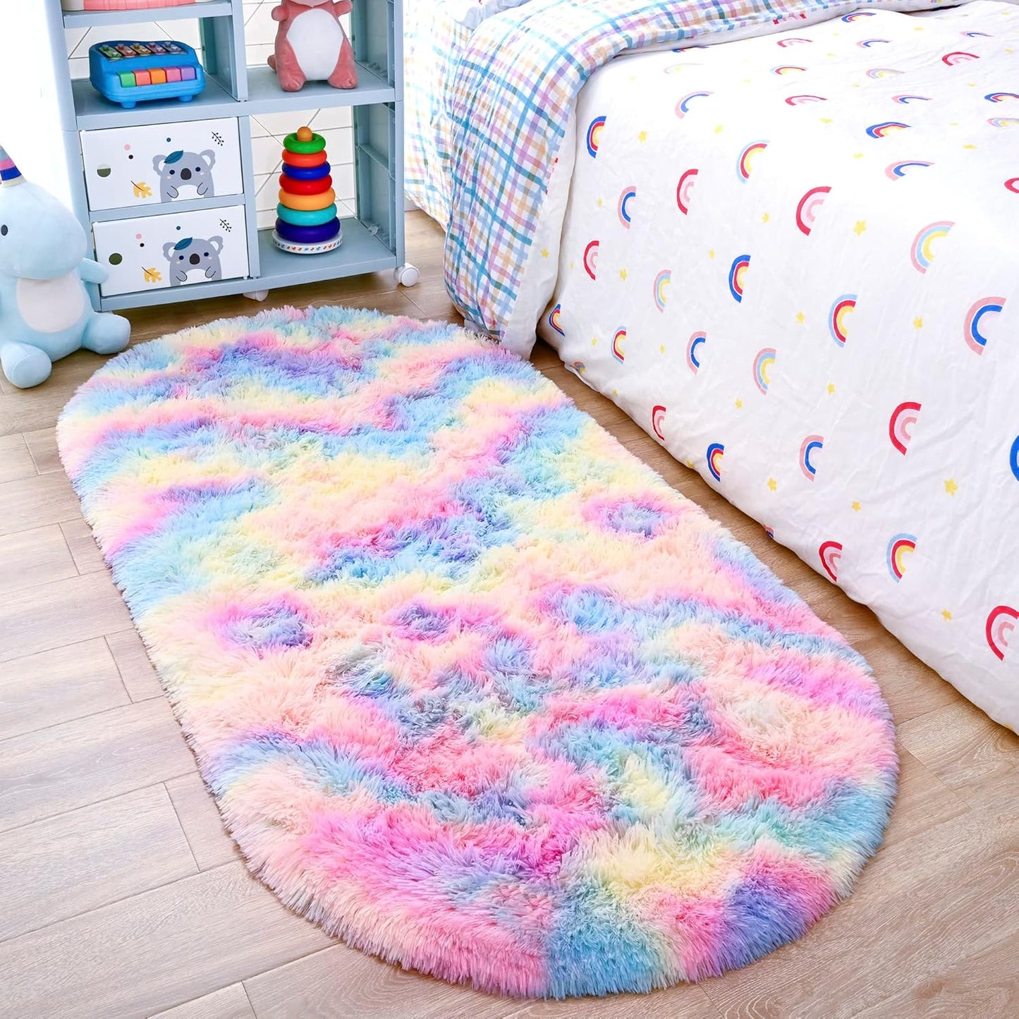 Ultra Soft Fluffy Bedroom Rugs,Shaggy Grey Area Rugs for Bedroom,Oval Throw Rugs, Kids Room Small Carpet,Living Room Runner Rug Non Slip Modern Home Decor 2.6' X 5.3'