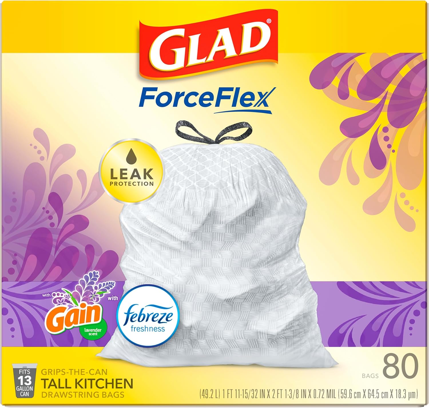 Trash Bags, Forceflex Tall Kitchen Drawstring Garbage Bags 13 Gallon White Trash Bag, Mediterranean Lavender Scent with Febreze Freshness 80 Count (Package May Vary)