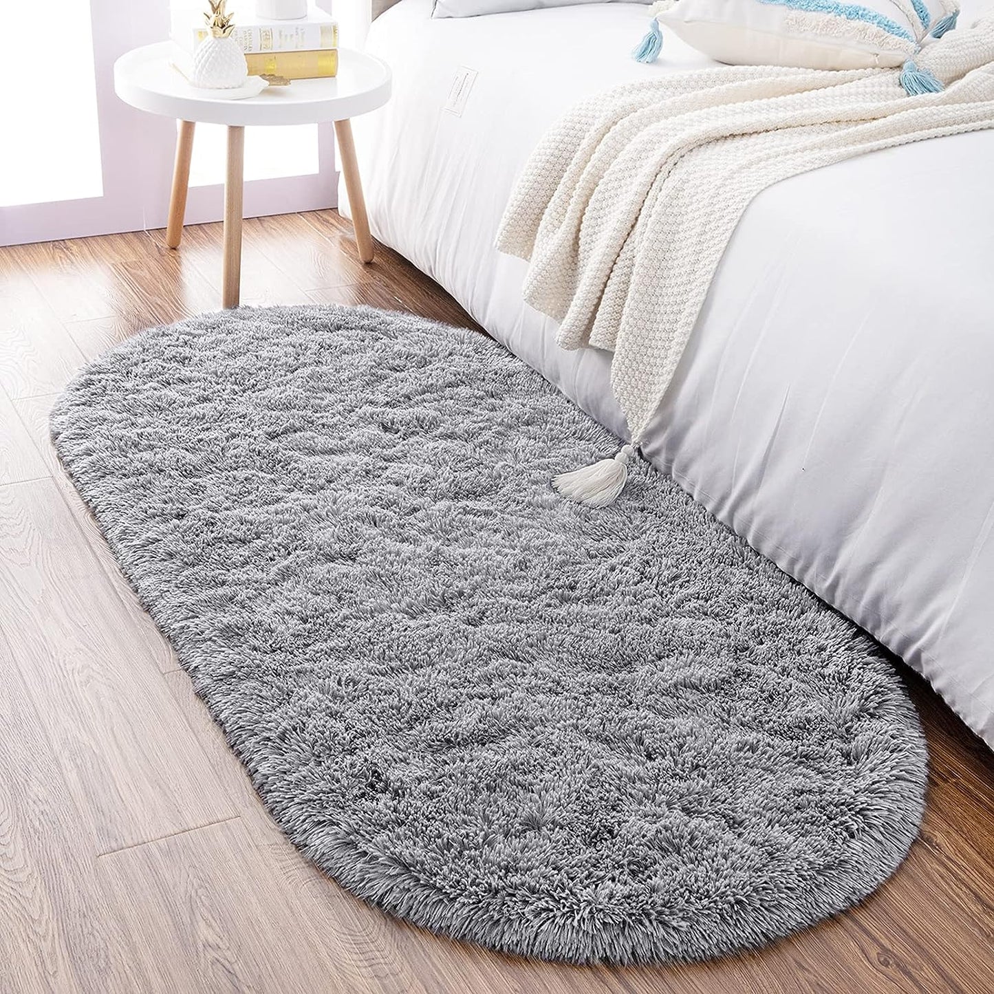 Ultra Soft Fluffy Bedroom Rugs,Shaggy Grey Area Rugs for Bedroom,Oval Throw Rugs, Kids Room Small Carpet,Living Room Runner Rug Non Slip Modern Home Decor 2.6' X 5.3'