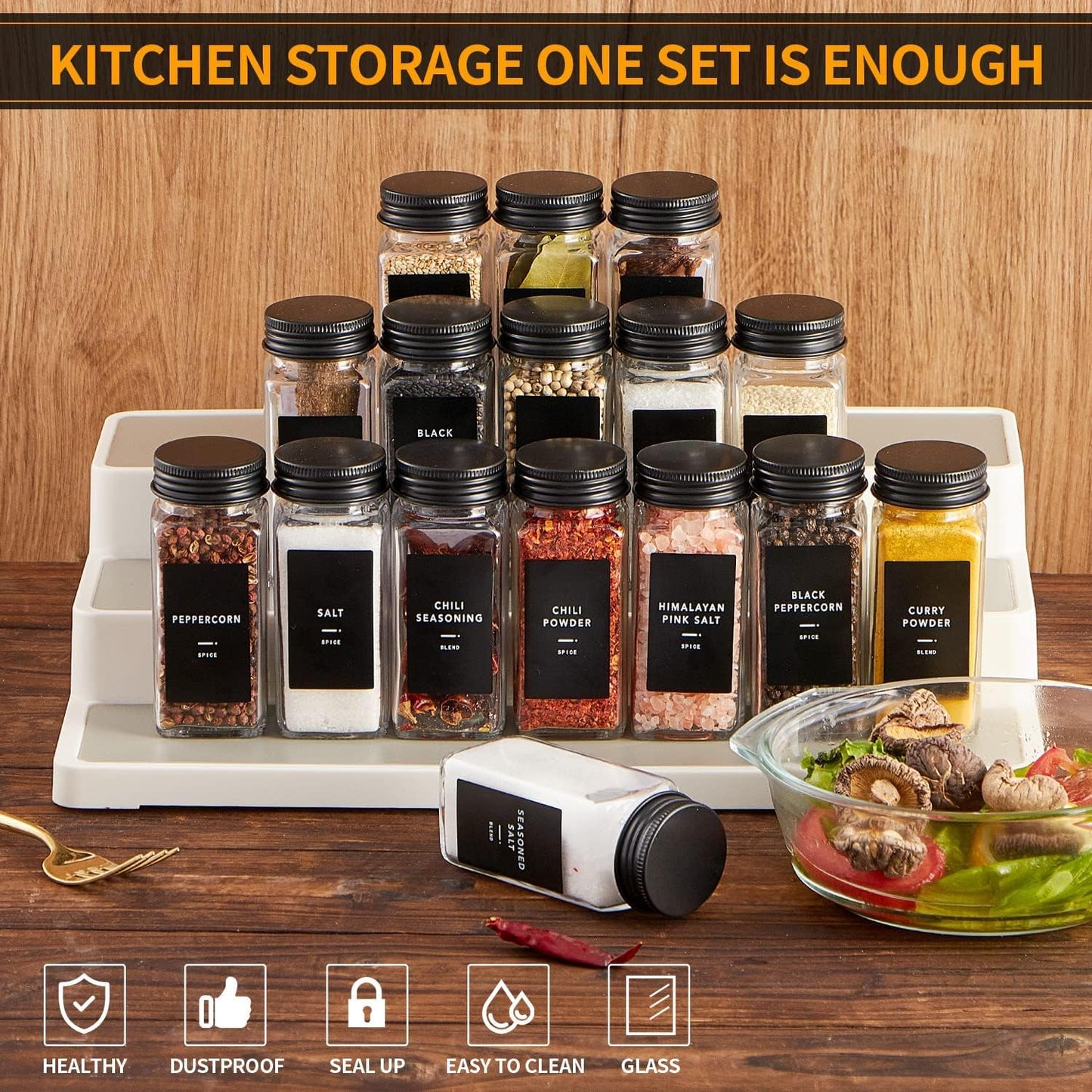 25 Pcs Spice Jars with Label- Glass Spice Jars with Black Metal Caps,Shaker Lids, Funnel, Chalk Pen, Brush,Cleaning Cloth 4Oz Seasoning Containers Bottles for Spice Rack, Cabinet, Drawer