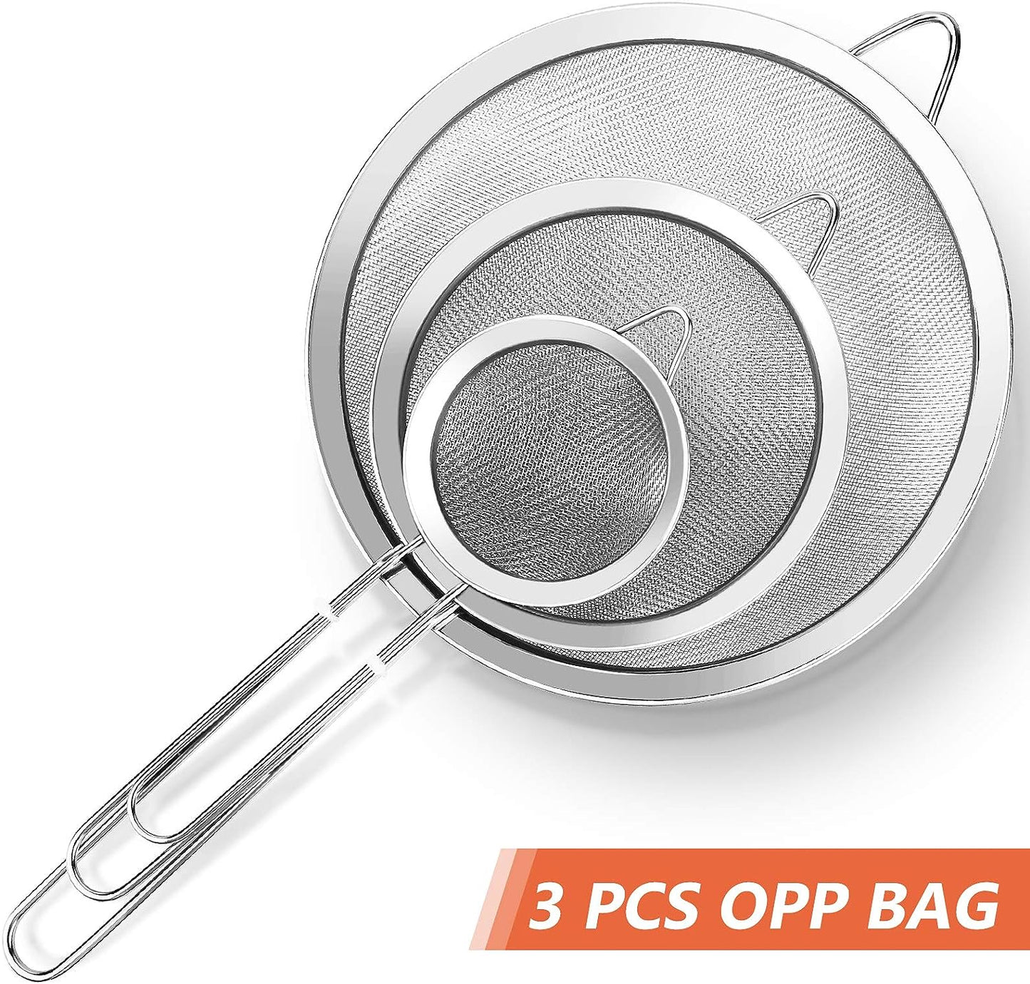 3 Pcs Super Wire Extra Fine Mesh Strainer with Handle, Small Medium Large Size Sifter Metal, Stainless Steel Sieve Strainers for Kitchen Rice Juice Quinoa Food Flour Baking