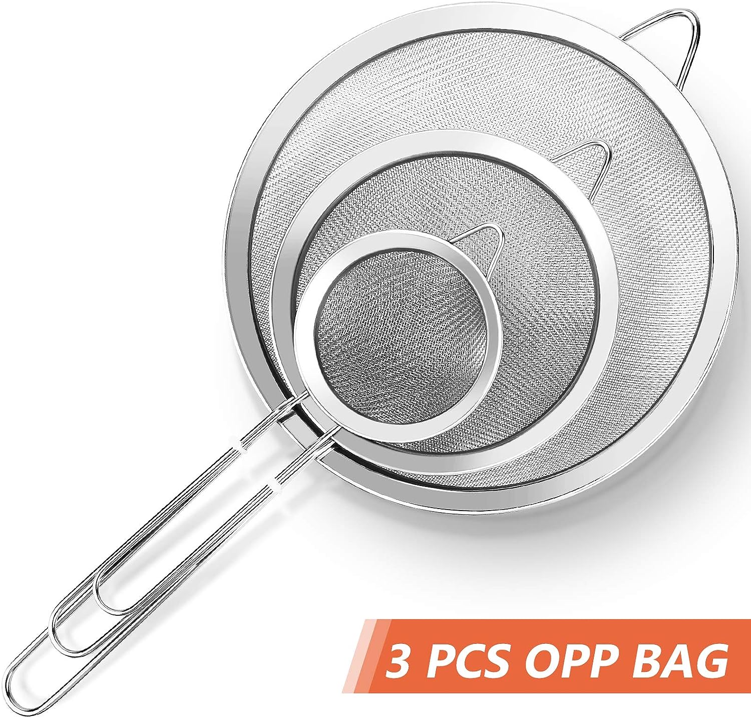 3 Pcs Super Wire Extra Fine Mesh Strainer with Handle, Small Medium Large Size Sifter Metal, Stainless Steel Sieve Strainers for Kitchen Rice Juice Quinoa Food Flour Baking