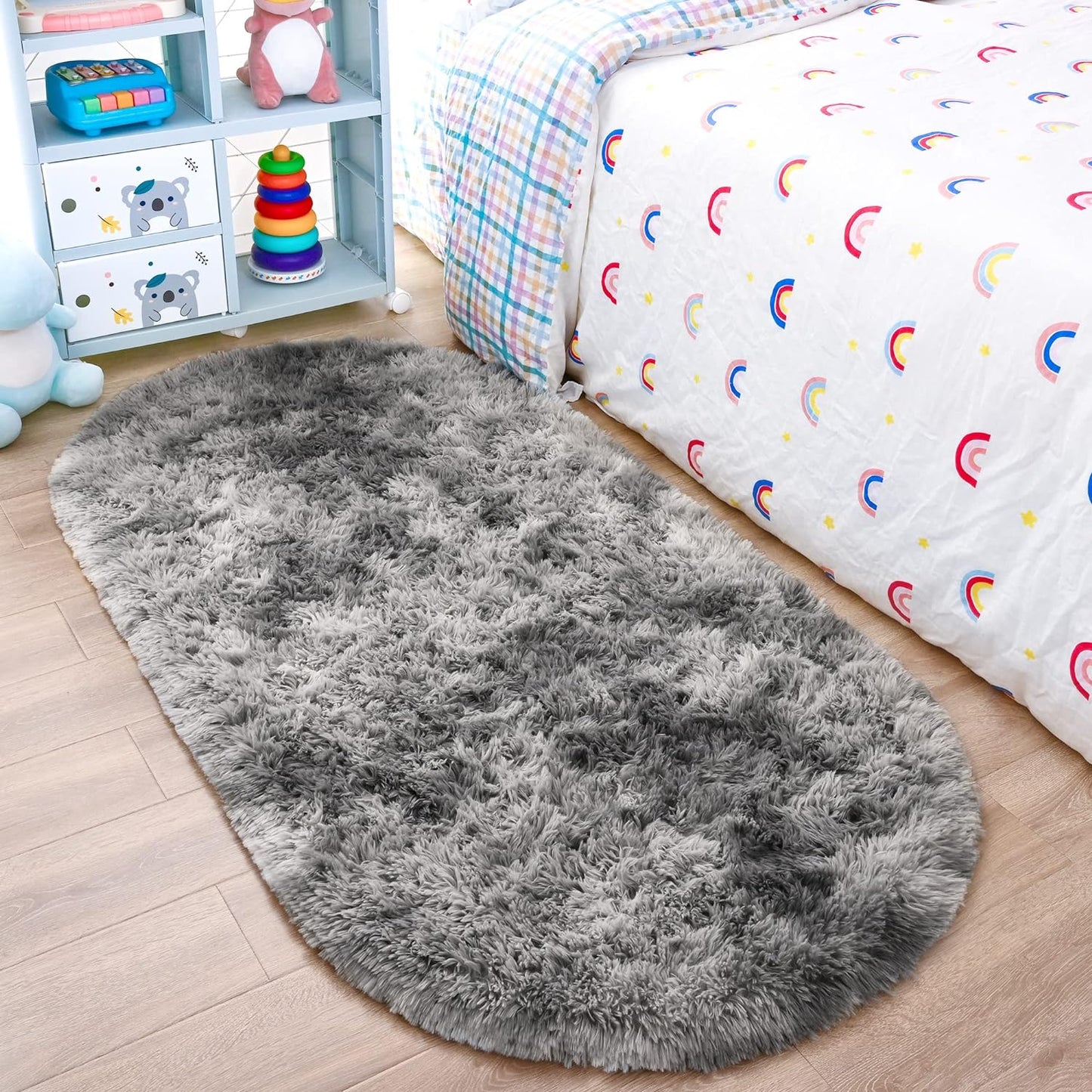 Ultra Soft Fluffy Bedroom Rugs,Shaggy Grey Area Rugs for Bedroom,Oval Throw Rugs, Kids Room Small Carpet,Living Room Runner Rug Non Slip Modern Home Decor 2.6' X 5.3'