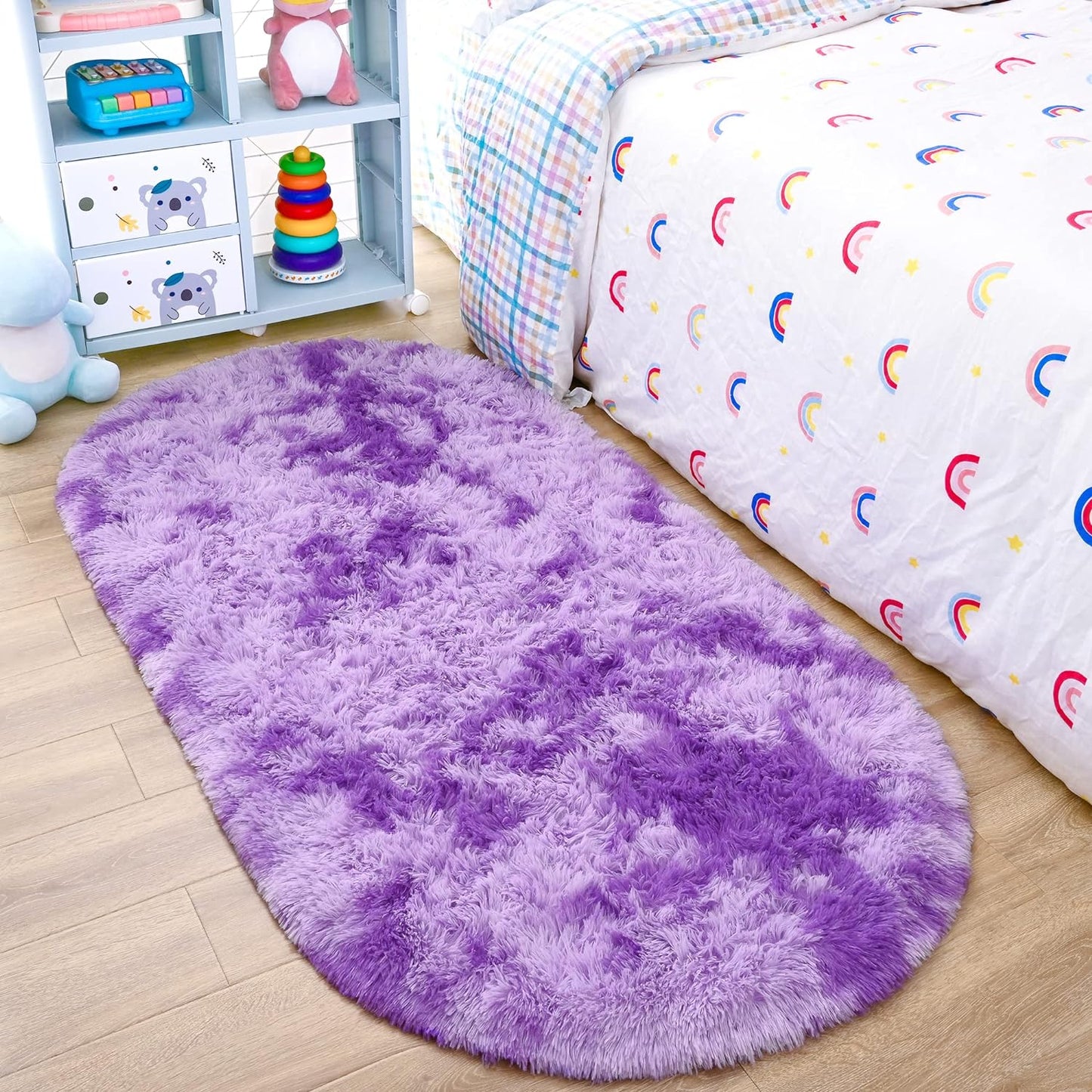 Ultra Soft Fluffy Bedroom Rugs,Shaggy Grey Area Rugs for Bedroom,Oval Throw Rugs, Kids Room Small Carpet,Living Room Runner Rug Non Slip Modern Home Decor 2.6' X 5.3'