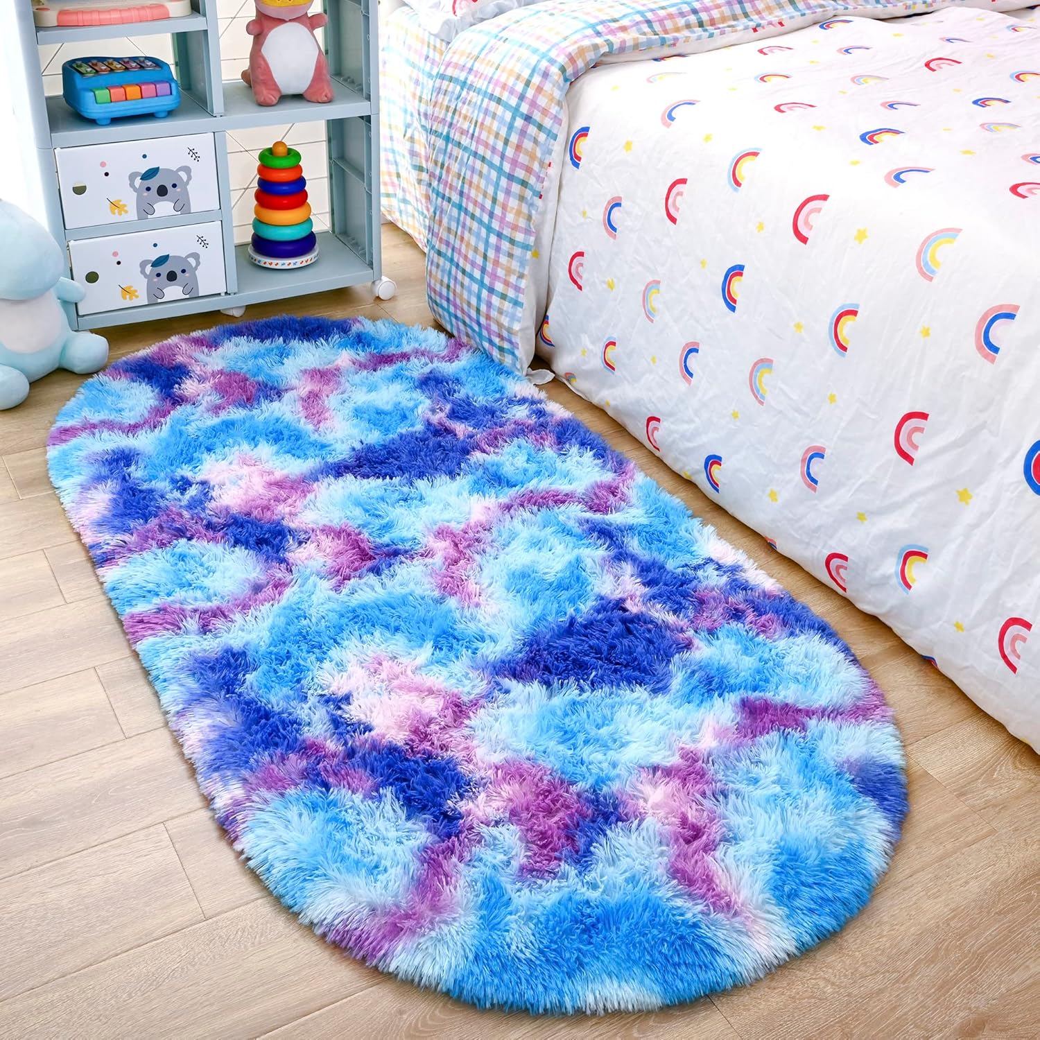 Ultra Soft Fluffy Bedroom Rugs,Shaggy Grey Area Rugs for Bedroom,Oval Throw Rugs, Kids Room Small Carpet,Living Room Runner Rug Non Slip Modern Home Decor 2.6' X 5.3'