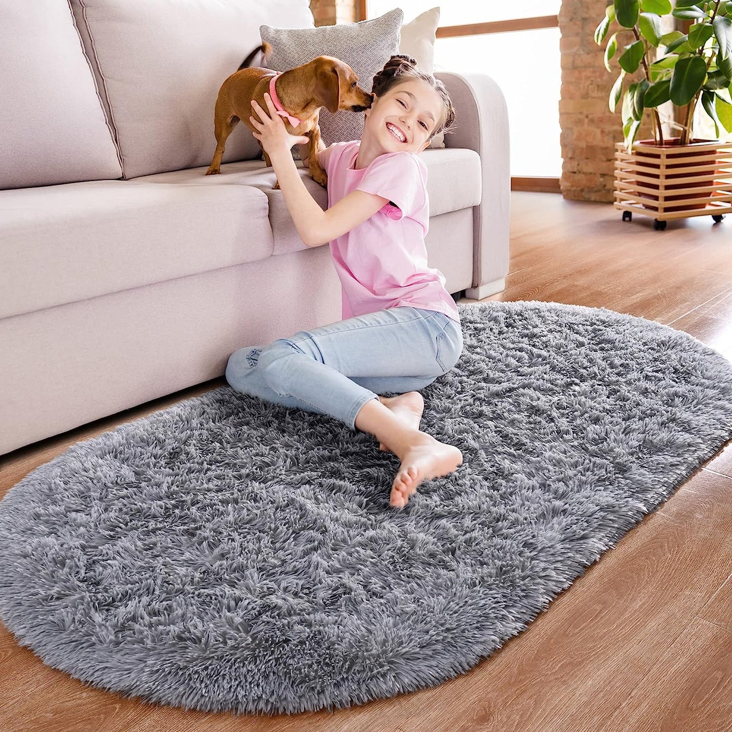 Ultra Soft Fluffy Bedroom Rugs,Shaggy Grey Area Rugs for Bedroom,Oval Throw Rugs, Kids Room Small Carpet,Living Room Runner Rug Non Slip Modern Home Decor 2.6' X 5.3'