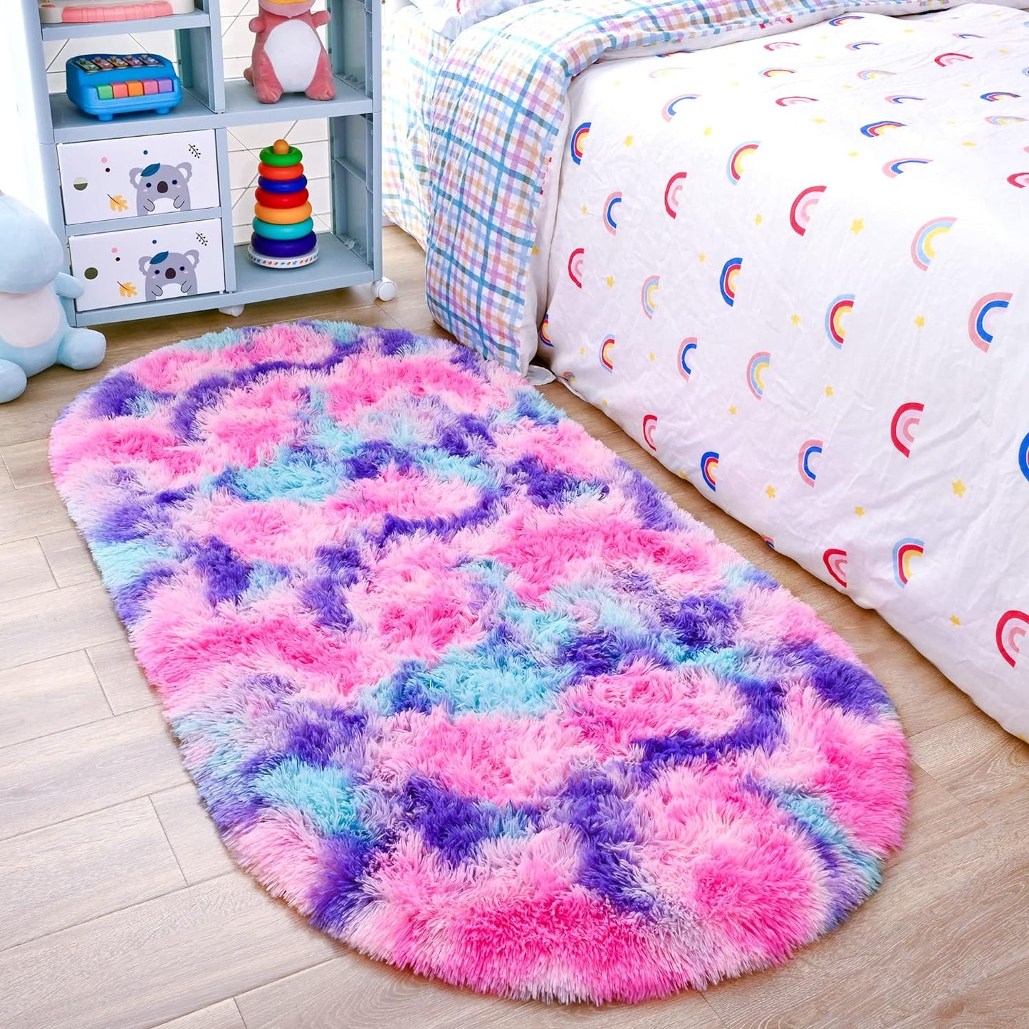 Ultra Soft Fluffy Bedroom Rugs,Shaggy Grey Area Rugs for Bedroom,Oval Throw Rugs, Kids Room Small Carpet,Living Room Runner Rug Non Slip Modern Home Decor 2.6' X 5.3'