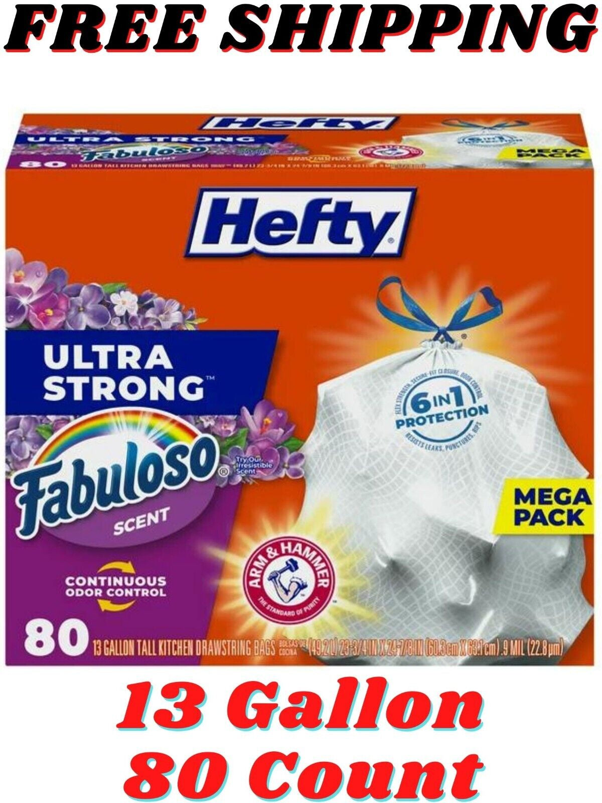 Hefty Ultra Strong Tall Kitchen Trash Bags, Fabuloso Scent, 13 Gallon, 80 Count