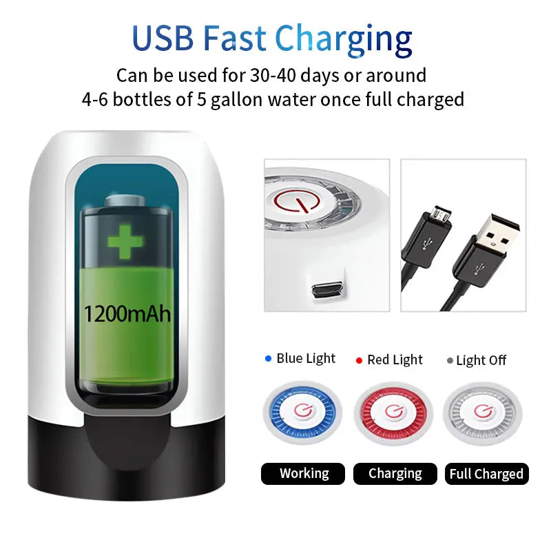 Water Bottle Pump 19 Liter Water Dispenser USB Charging Automatic Portable Electric Water Pump with Universal Bucket Cap