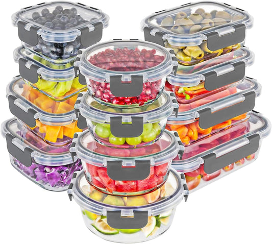 Glass Storage Containers with Lids Set | Ultimate 24Pc Set with Bpa-Free Airtight Locking Lids for Lunch (Gray)