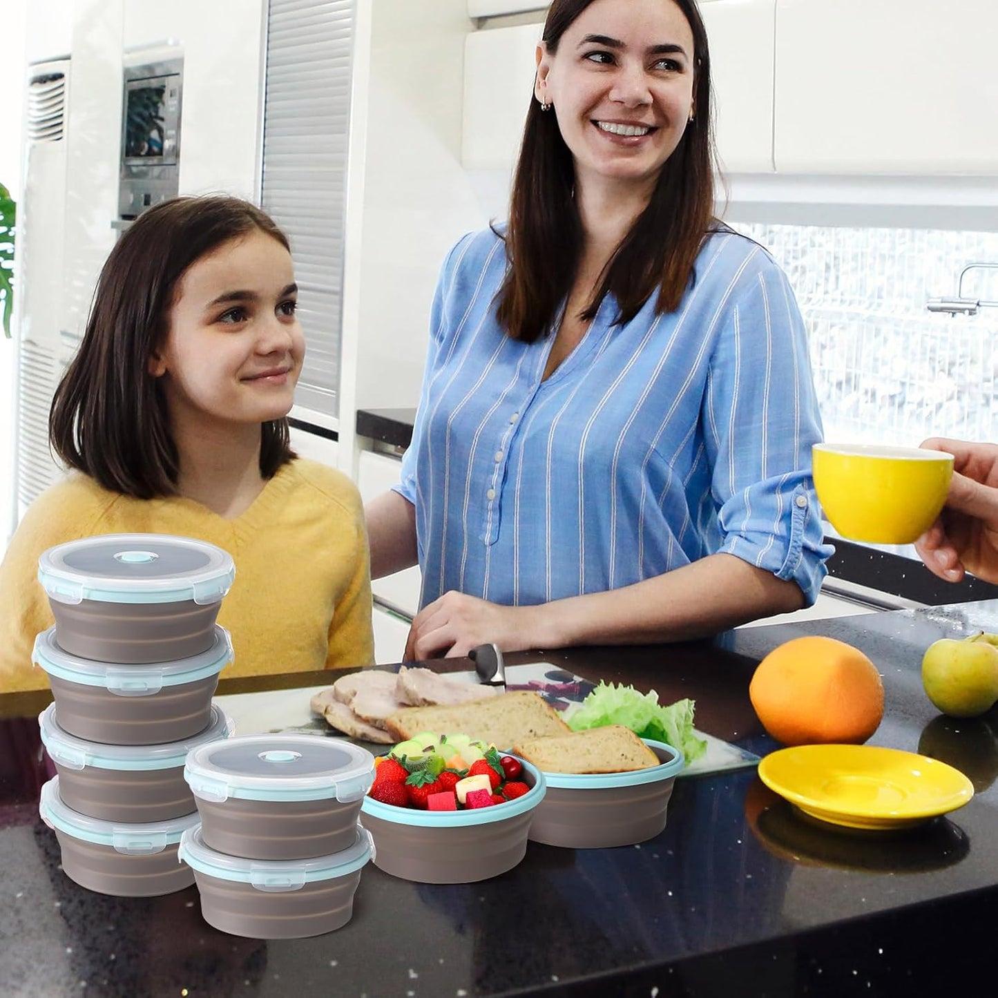 12 Pcs Collapsible Food Storage Containers with Lids 27Oz Silicone round Collapsible Bowls Collapsible Kitchen Items for Camping Hiking Microwave Dishwasher Freezer (Gray with Blue Edge)