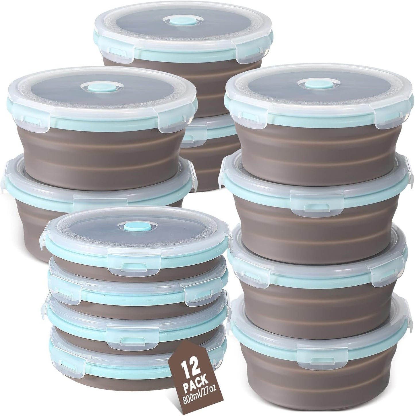 12 Pcs Collapsible Food Storage Containers with Lids 27Oz Silicone round Collapsible Bowls Collapsible Kitchen Items for Camping Hiking Microwave Dishwasher Freezer (Gray with Blue Edge)